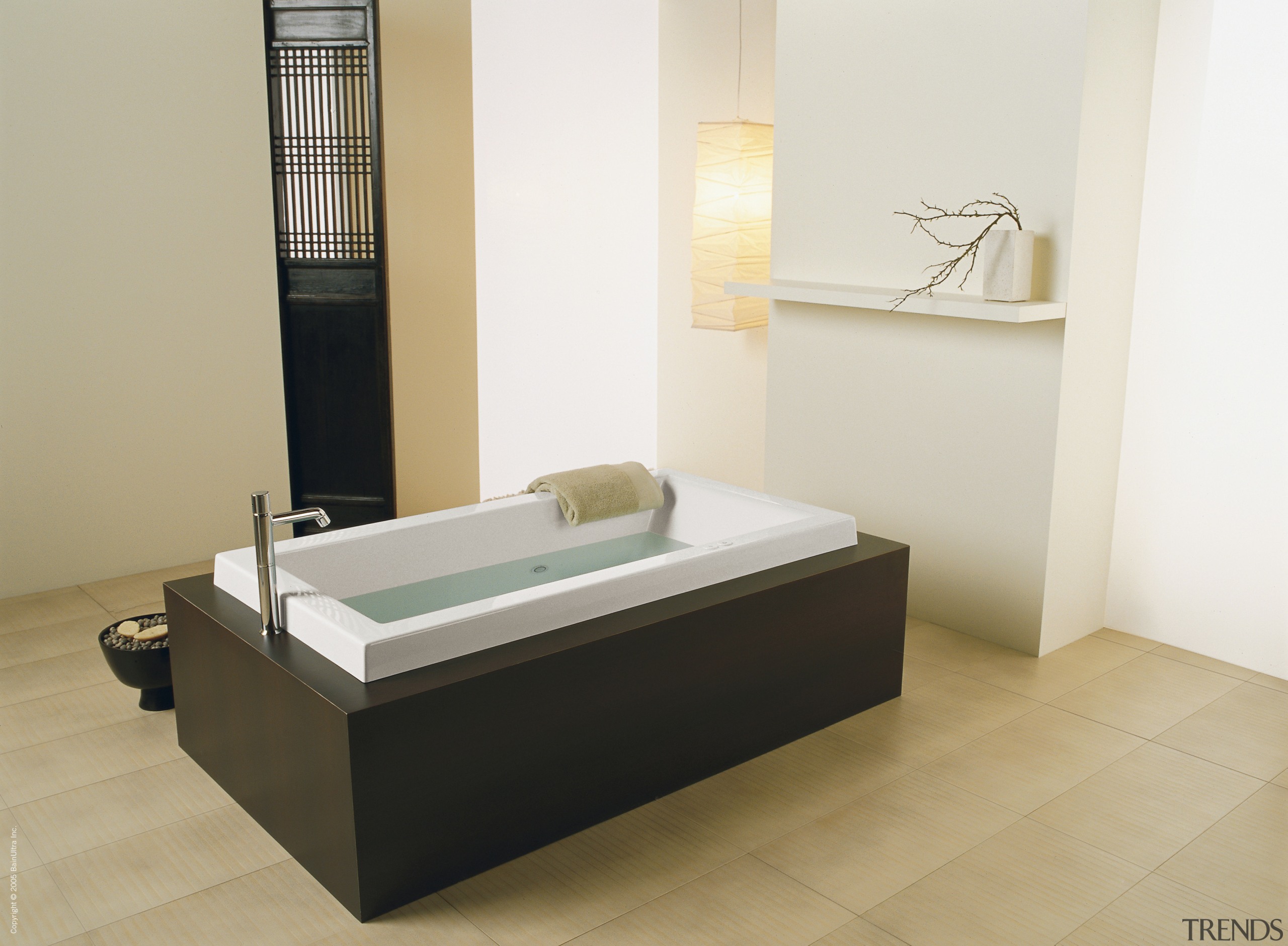 bathroom with Modern luxurious spa-like bath. - bathroom bathroom, bathtub, bed frame, floor, flooring, interior design, plumbing fixture, product design, room, tile, white