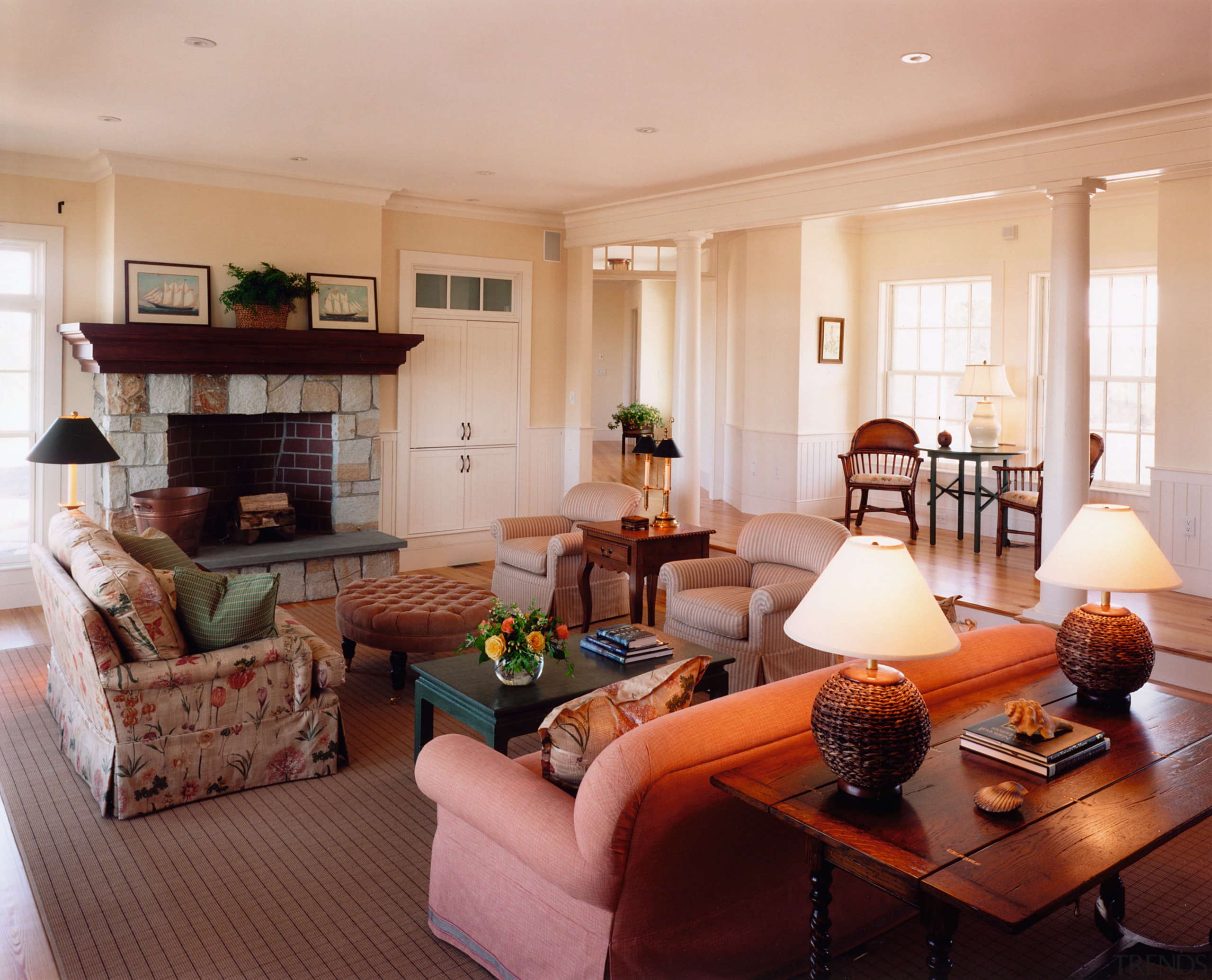 Formal living area with fireplace, sofas, and columns ceiling, home, interior design, living room, property, real estate, room, gray, orange