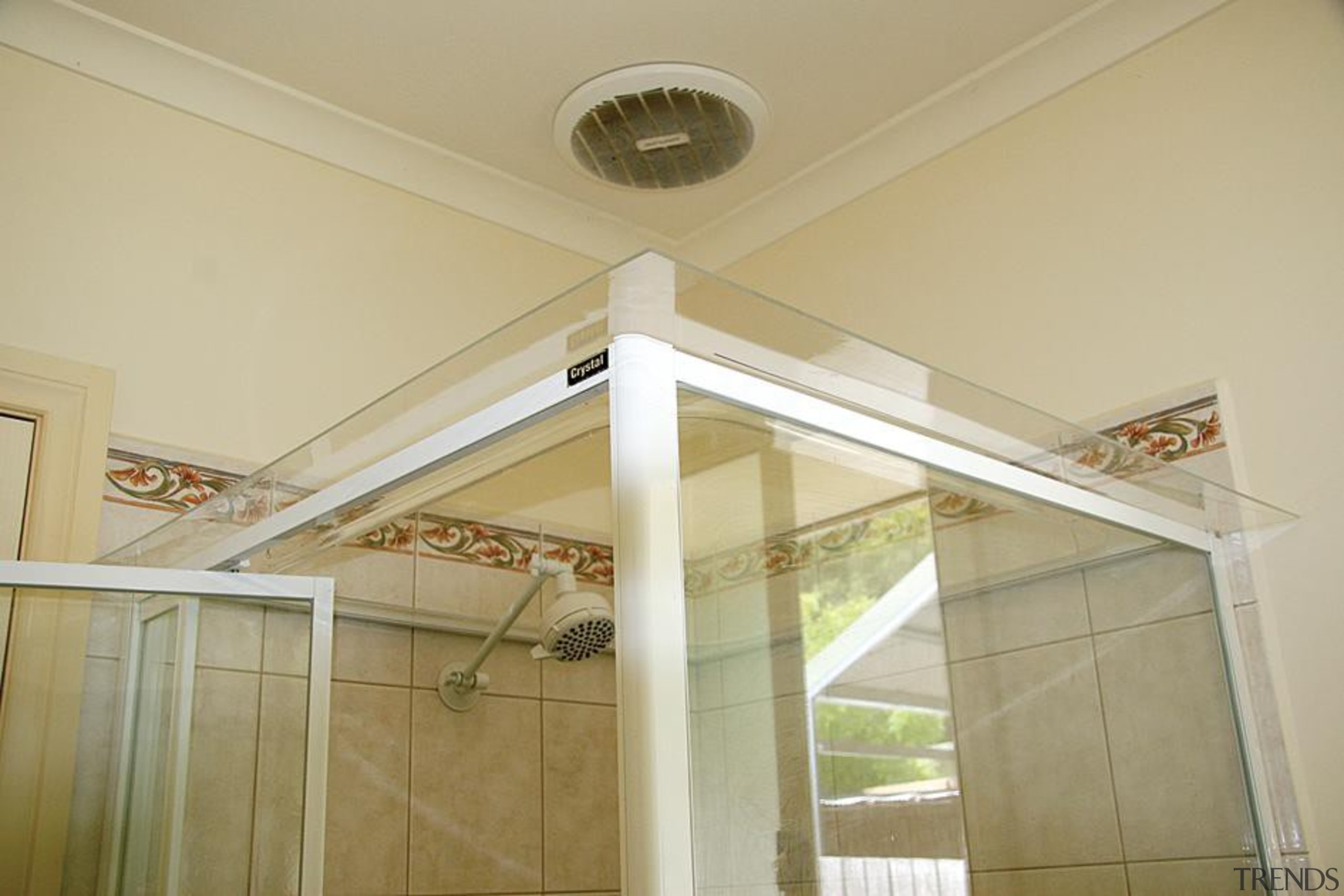 At this point, slide the Showerdome into position, beam, ceiling, daylighting, estate, home, interior design, molding, structure, wall, window, orange