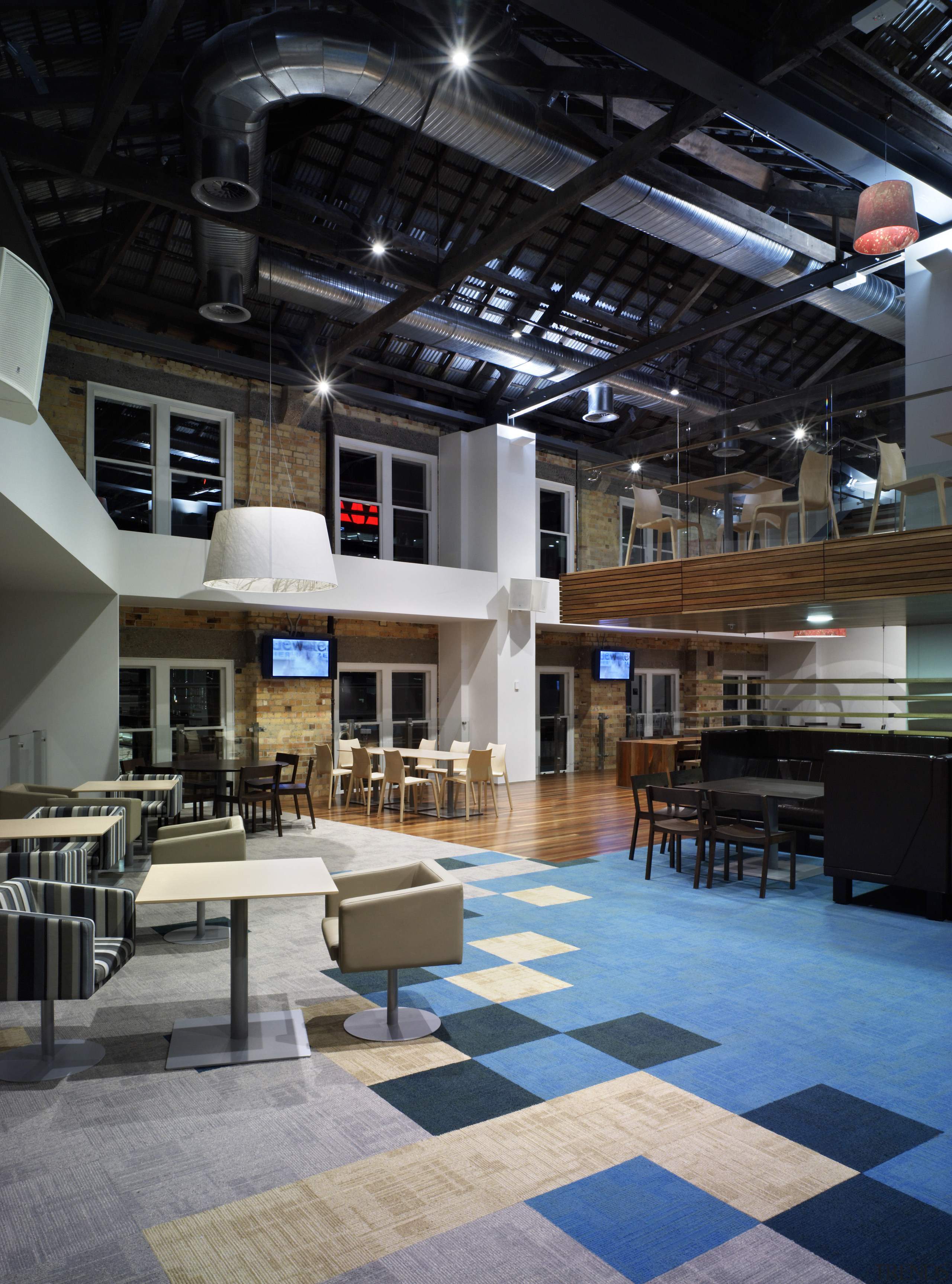 view of the staff cafe inside the Westpac ceiling, daylighting, floor, flooring, interior design, lobby, black, gray