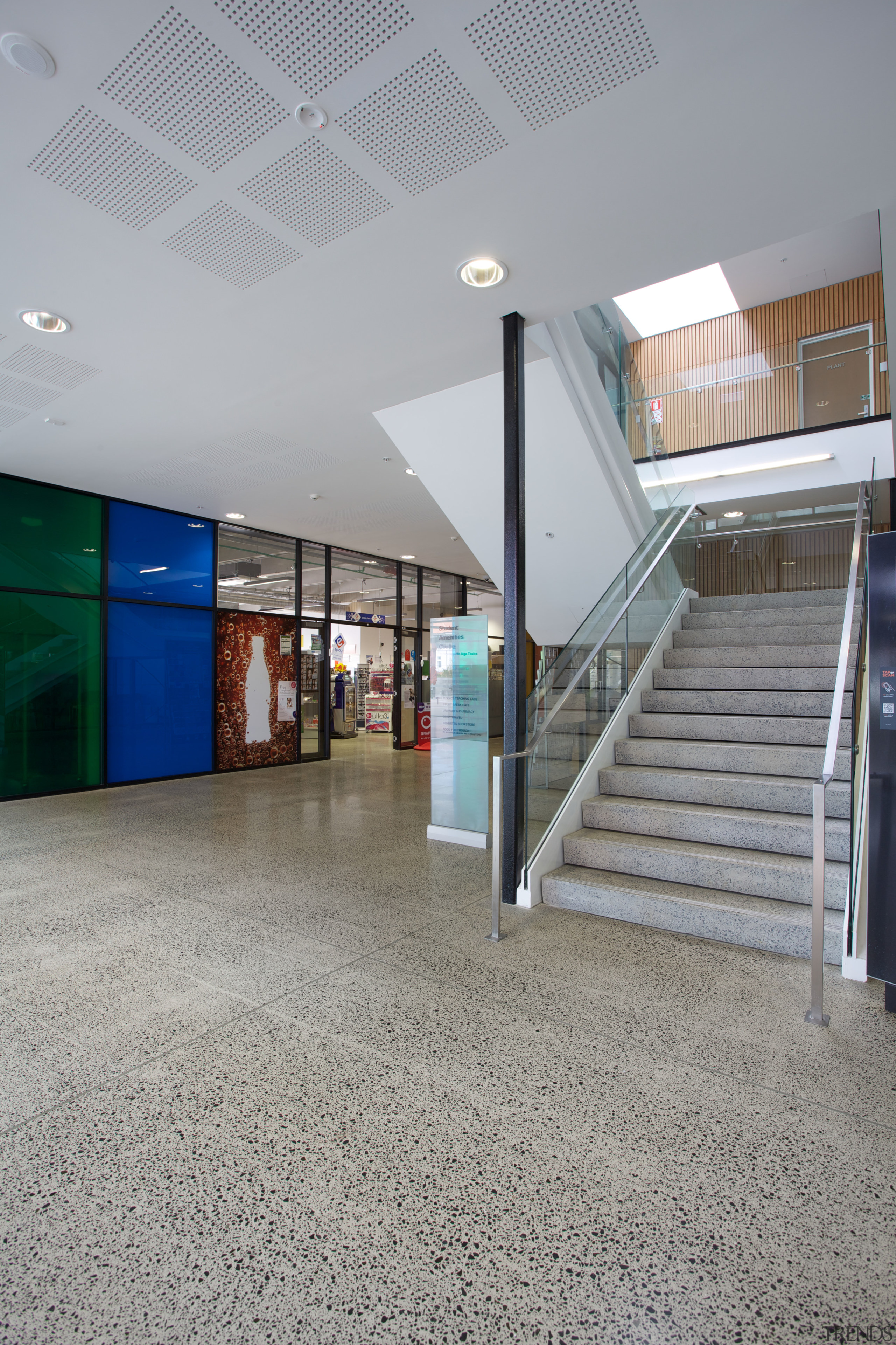 For the matt-look floor required at Massey University apartment, architecture, daylighting, floor, flooring, handrail, lobby, real estate, stairs, structure, gray