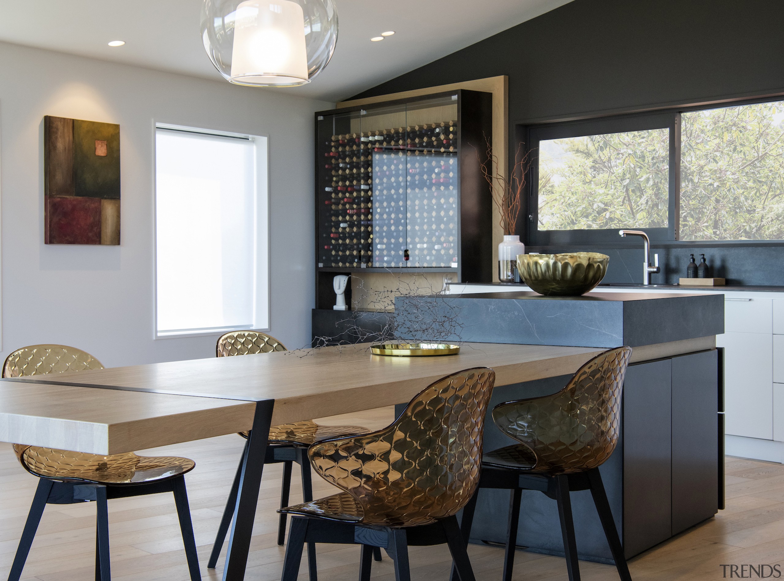 A wine display bookends one end of the 