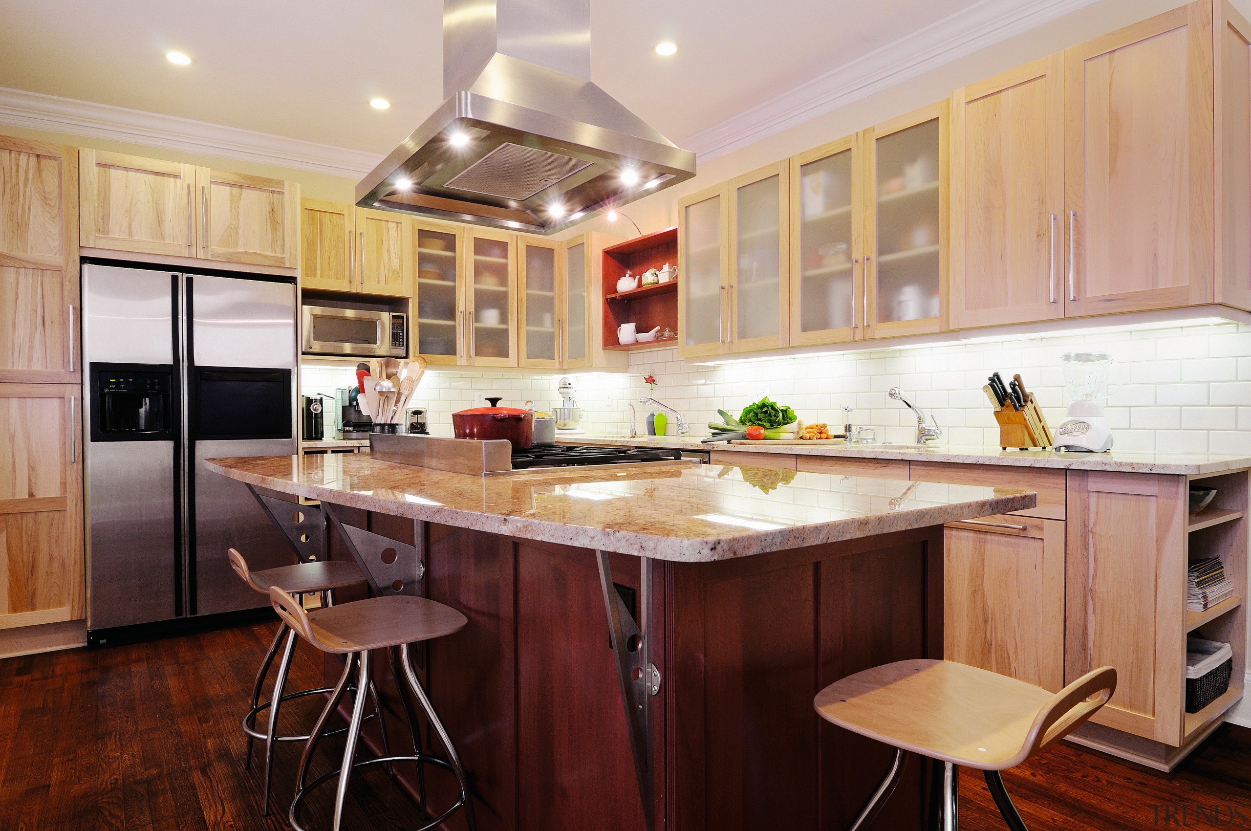 Image of a kitchen which features cabinetry from cabinetry, countertop, cuisine classique, hardwood, home, interior design, kitchen, property, real estate, room, gray, red, orange
