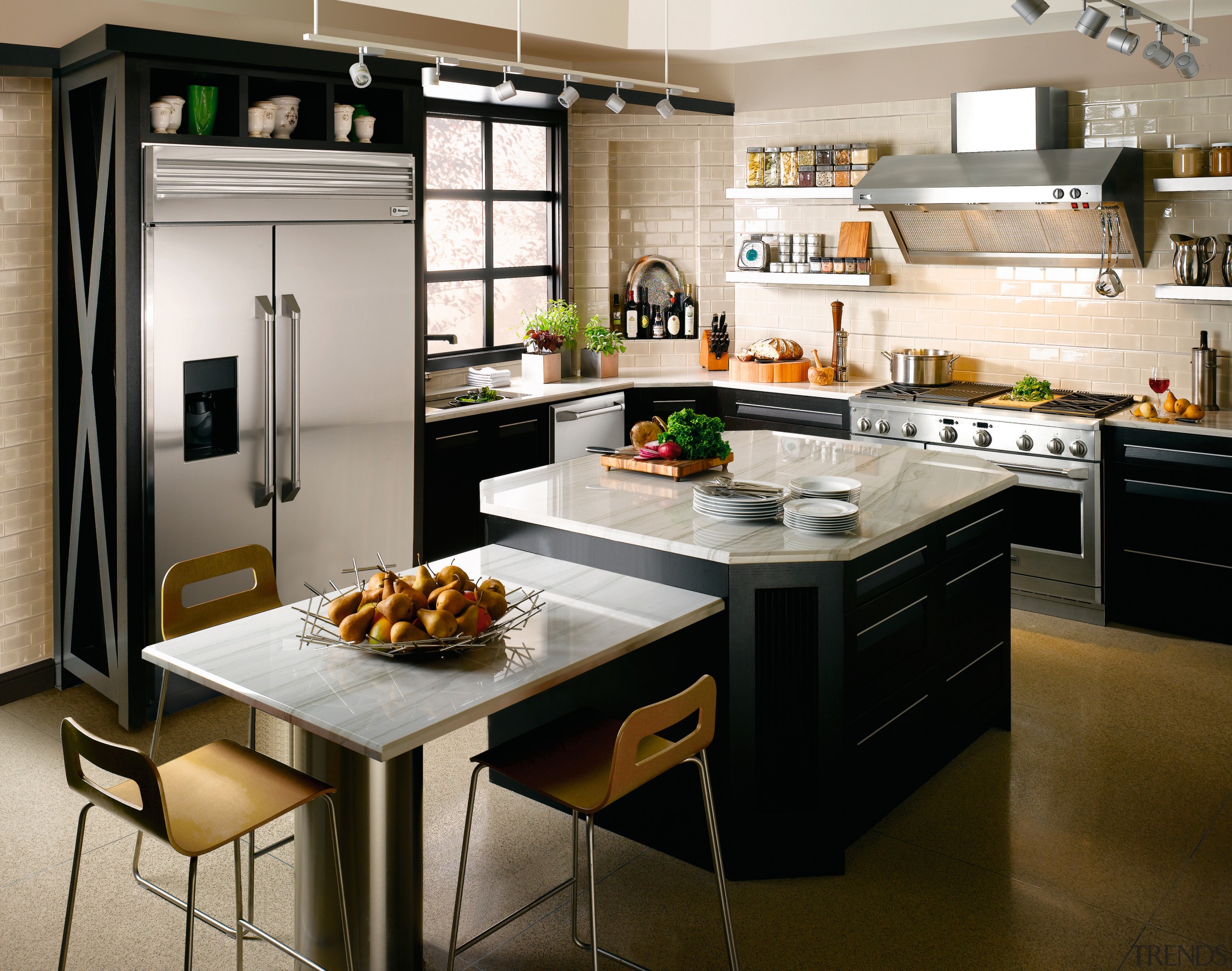 View of a kitchen which features a range, cabinetry, countertop, cuisine classique, interior design, kitchen, gray, brown