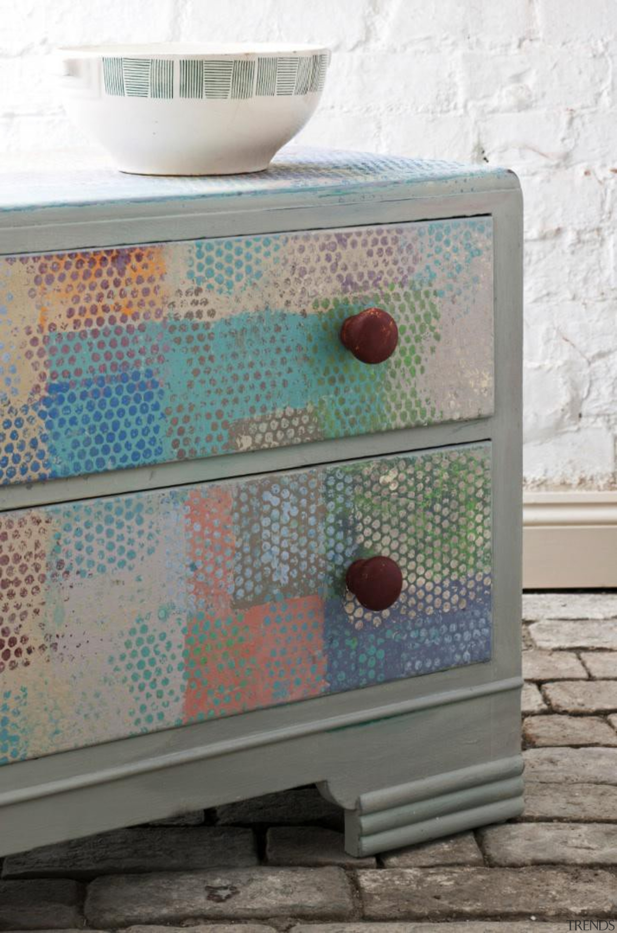 Known to many as the ‘Queen of Paint’, chest of drawers, drawer, furniture, product, gray, white