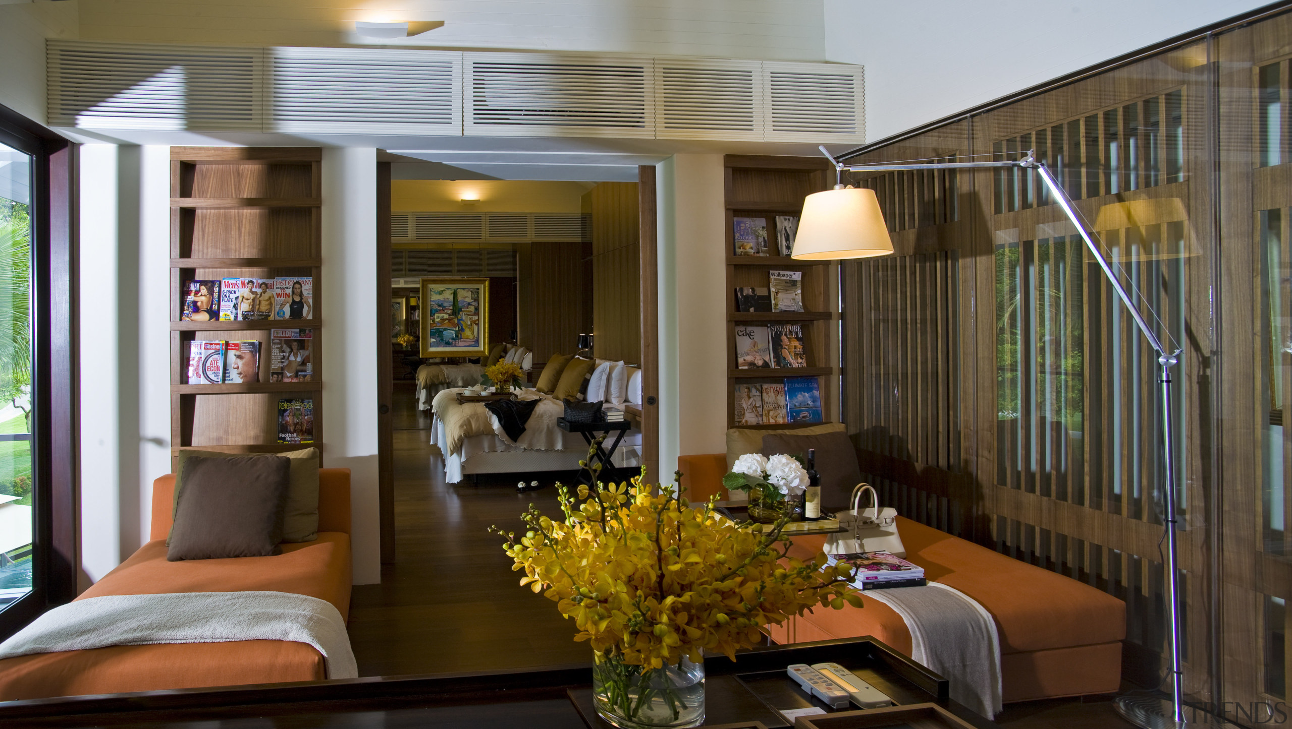 View of a spare bedroom with two single home, interior design, living room, lobby, real estate, room, brown