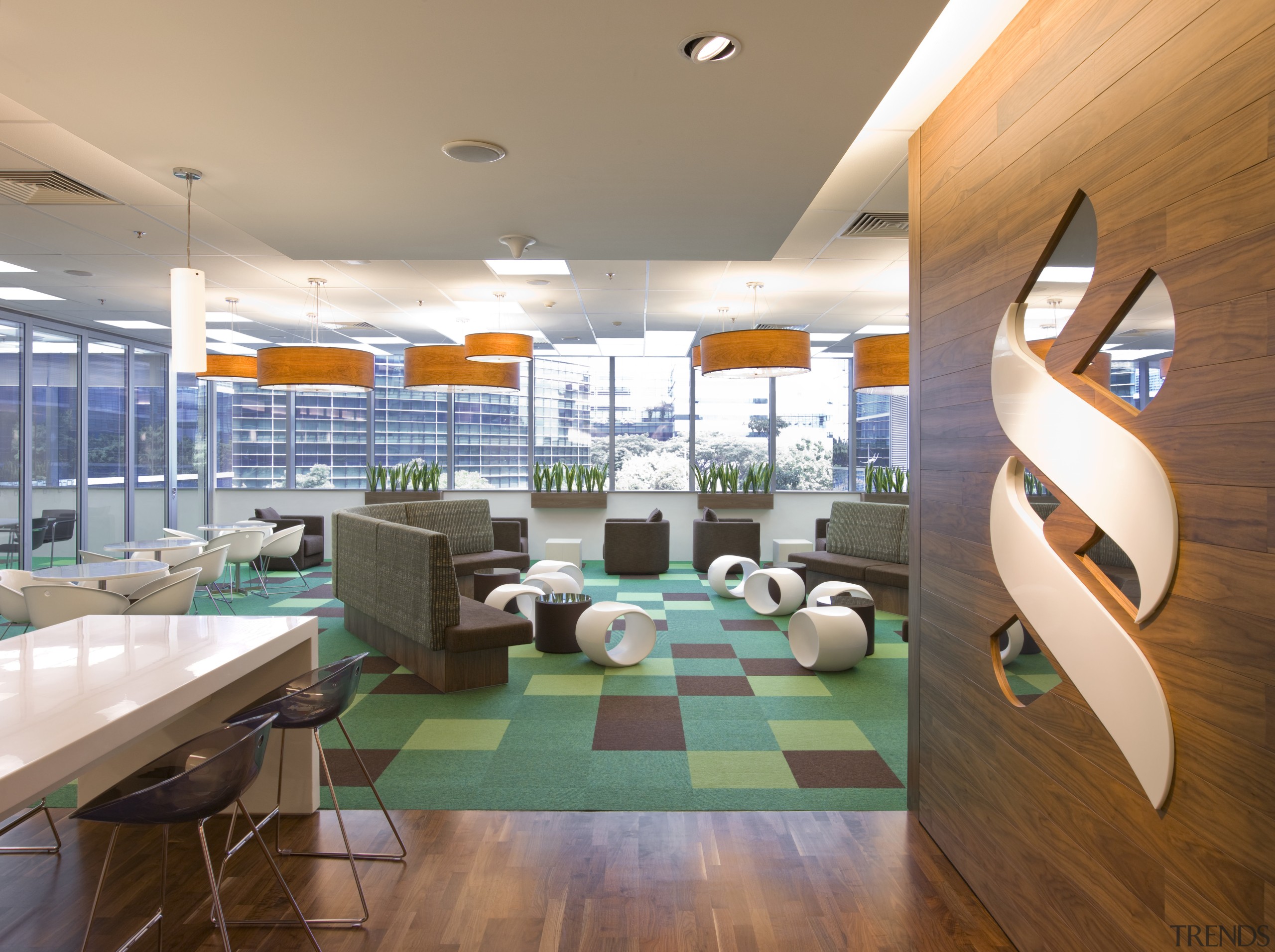 Standard Chartered Bank, Changi Business Park, Singapore ceiling, interior design, lobby, brown