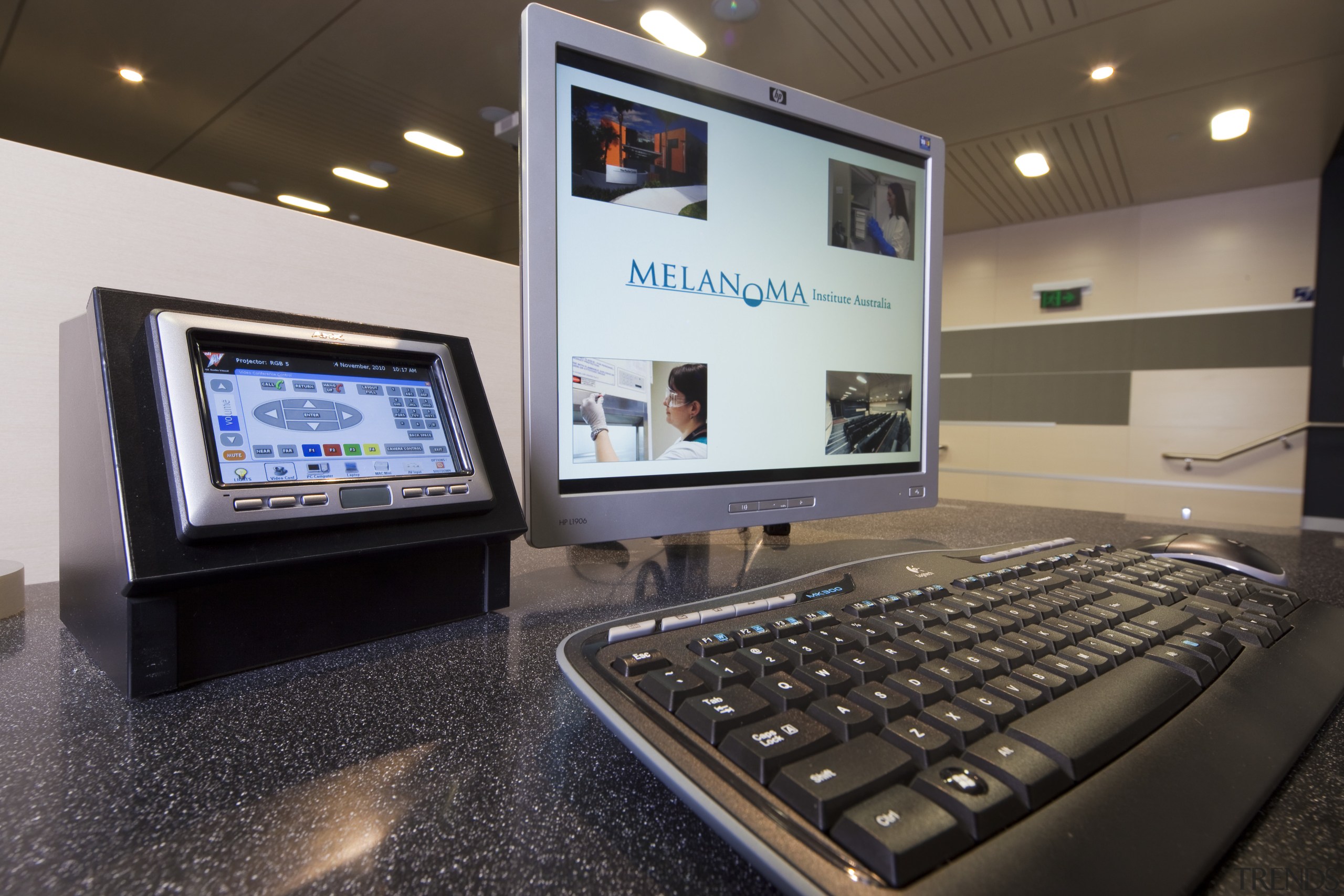 Interior view of the Poche Centre which features display device, electronic device, multimedia, technology, black, gray