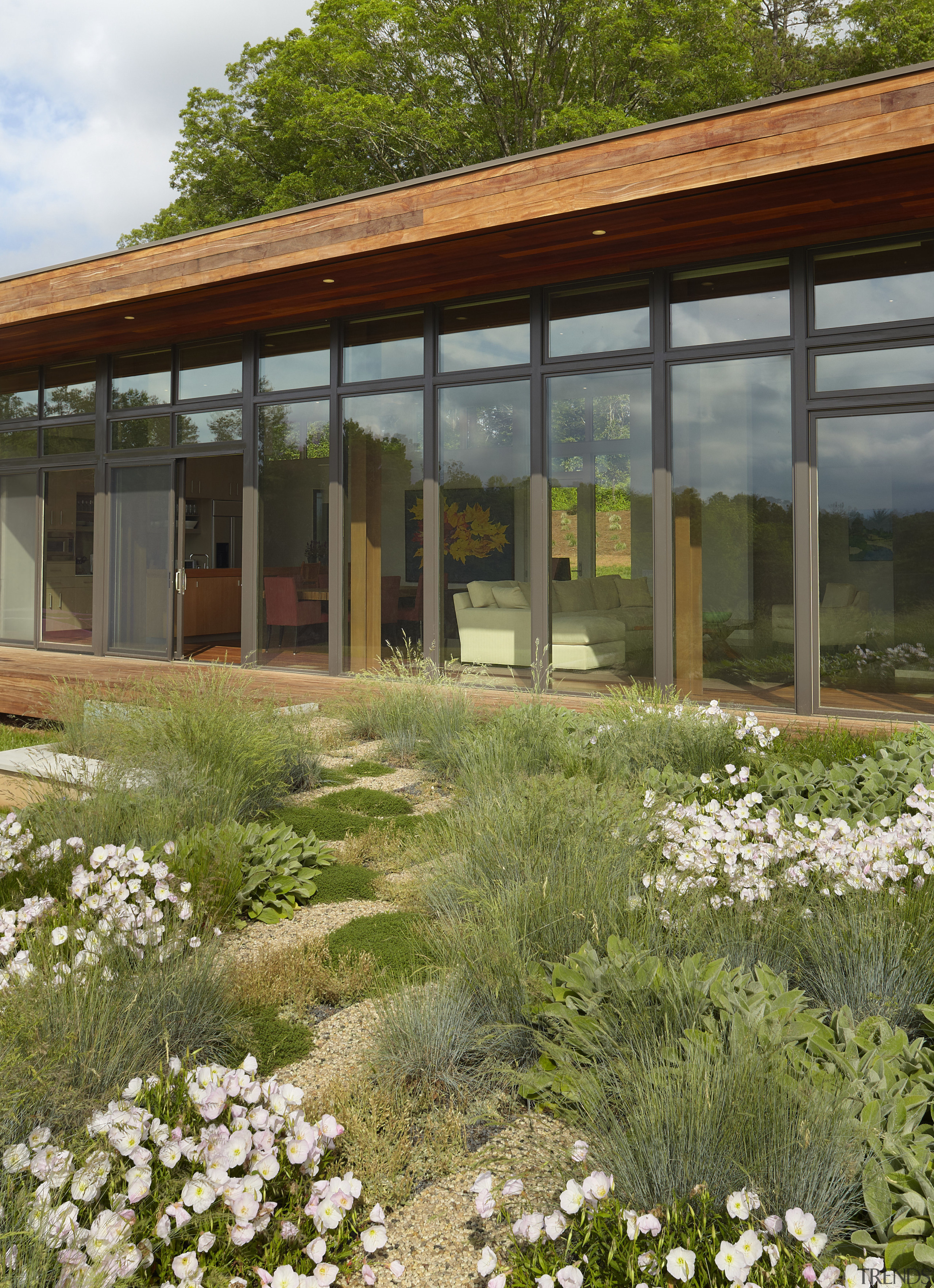 Exterior of house with rusted corten steel. Sustainable architecture, courtyard, flower, garden, grass, home, house, landscape, outdoor structure, plant, brown