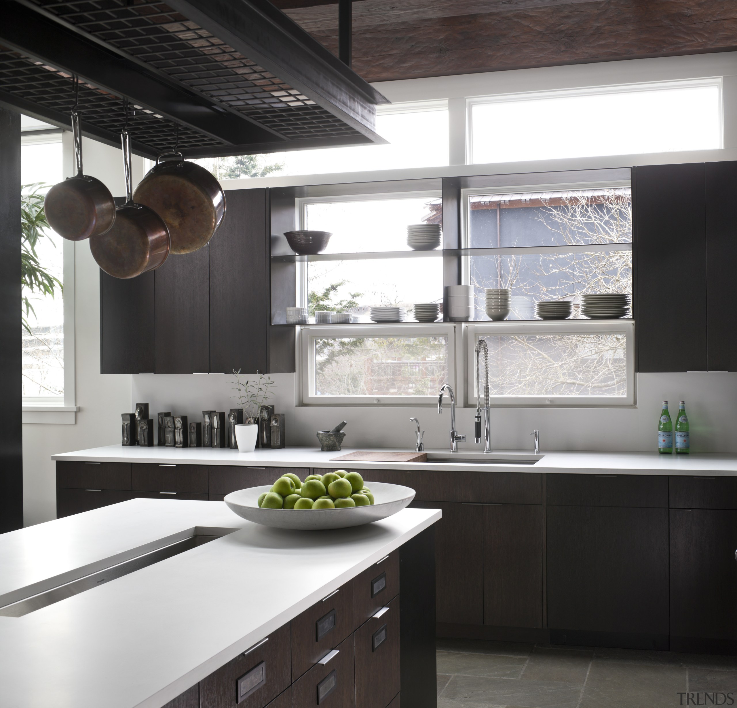 oak cabinets, white quartz benchtops, shelves along windows, countertop, cuisine classique, interior design, kitchen, black, white