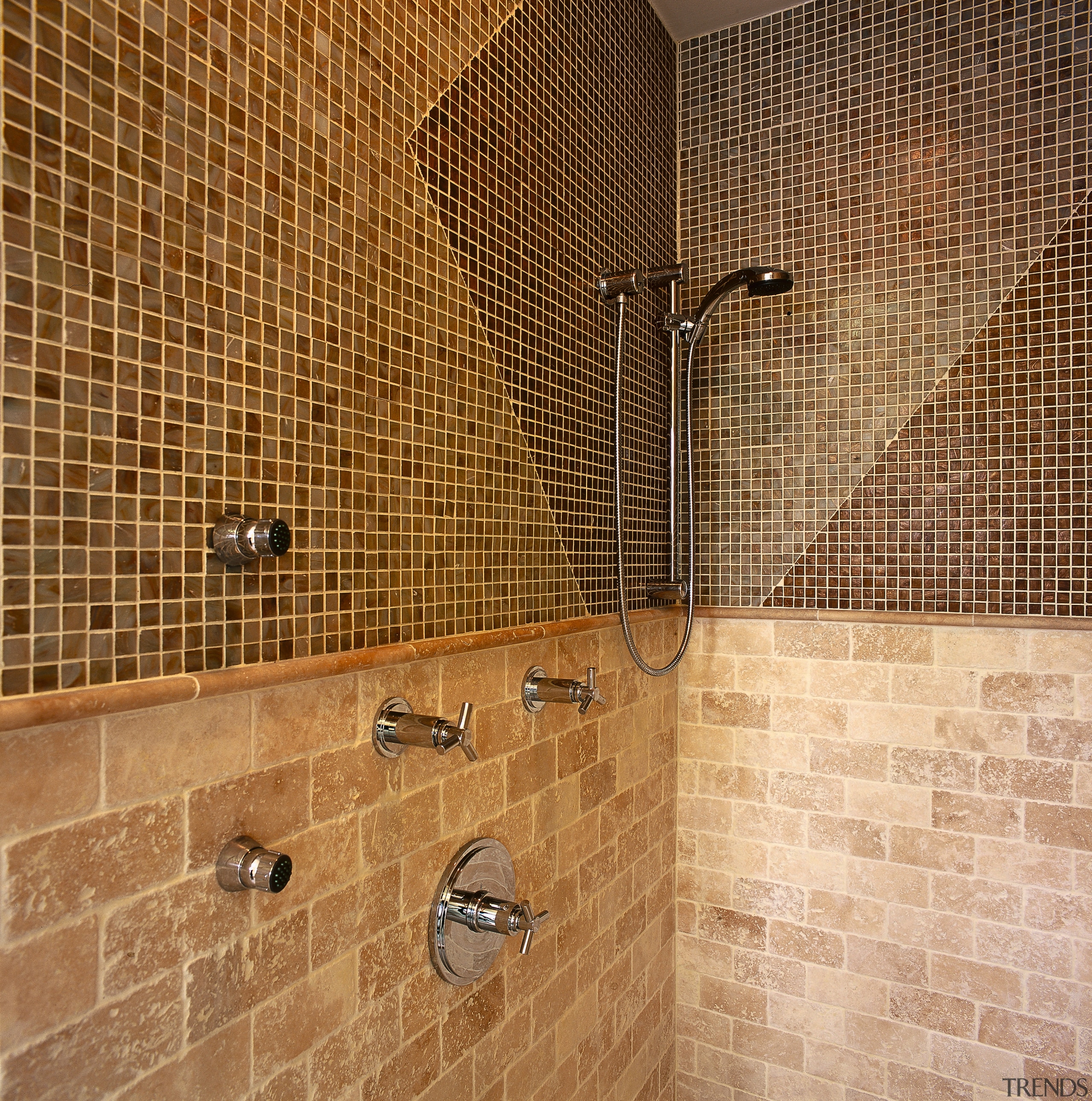 View of this shower with mosaic tiles - bathroom, floor, flooring, interior design, plumbing fixture, property, room, tile, wall, brown, orange