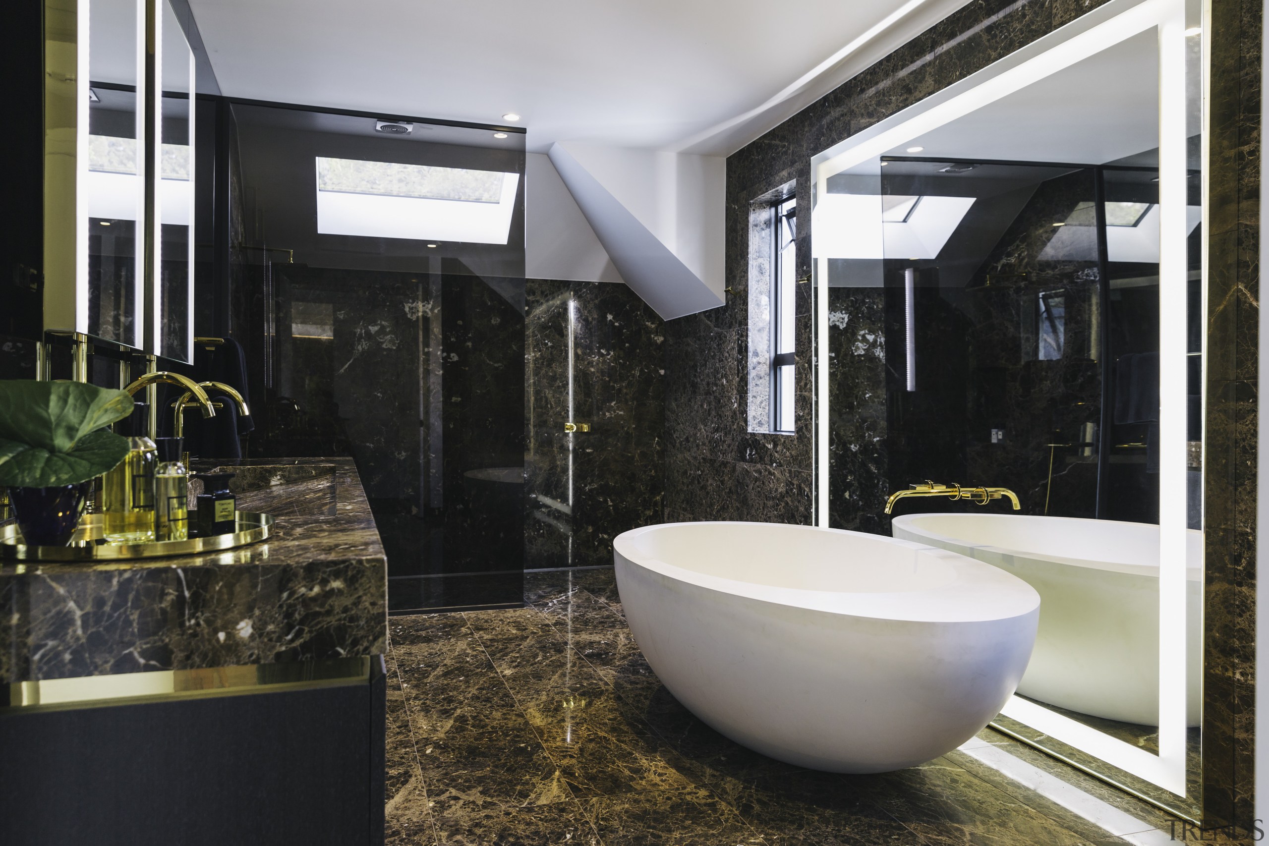 Marble and mirror predominate in this opulent ensuite. architecture, interior design, real estate, black, white