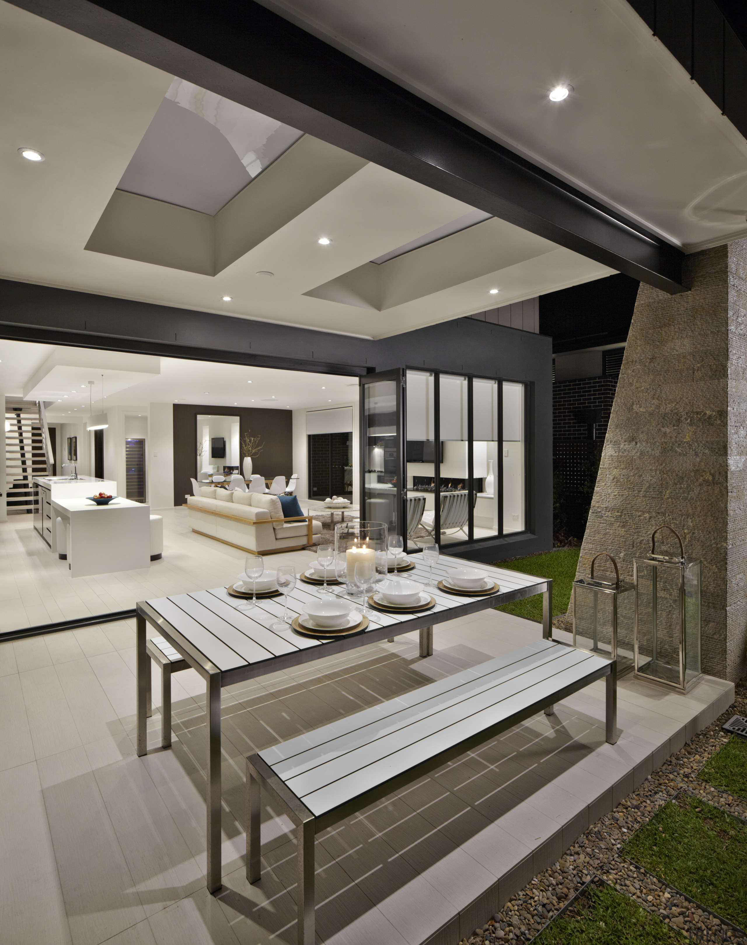 Patio with outdoor table. - Patio with outdoor architecture, ceiling, daylighting, house, interior design, living room, table, gray, black