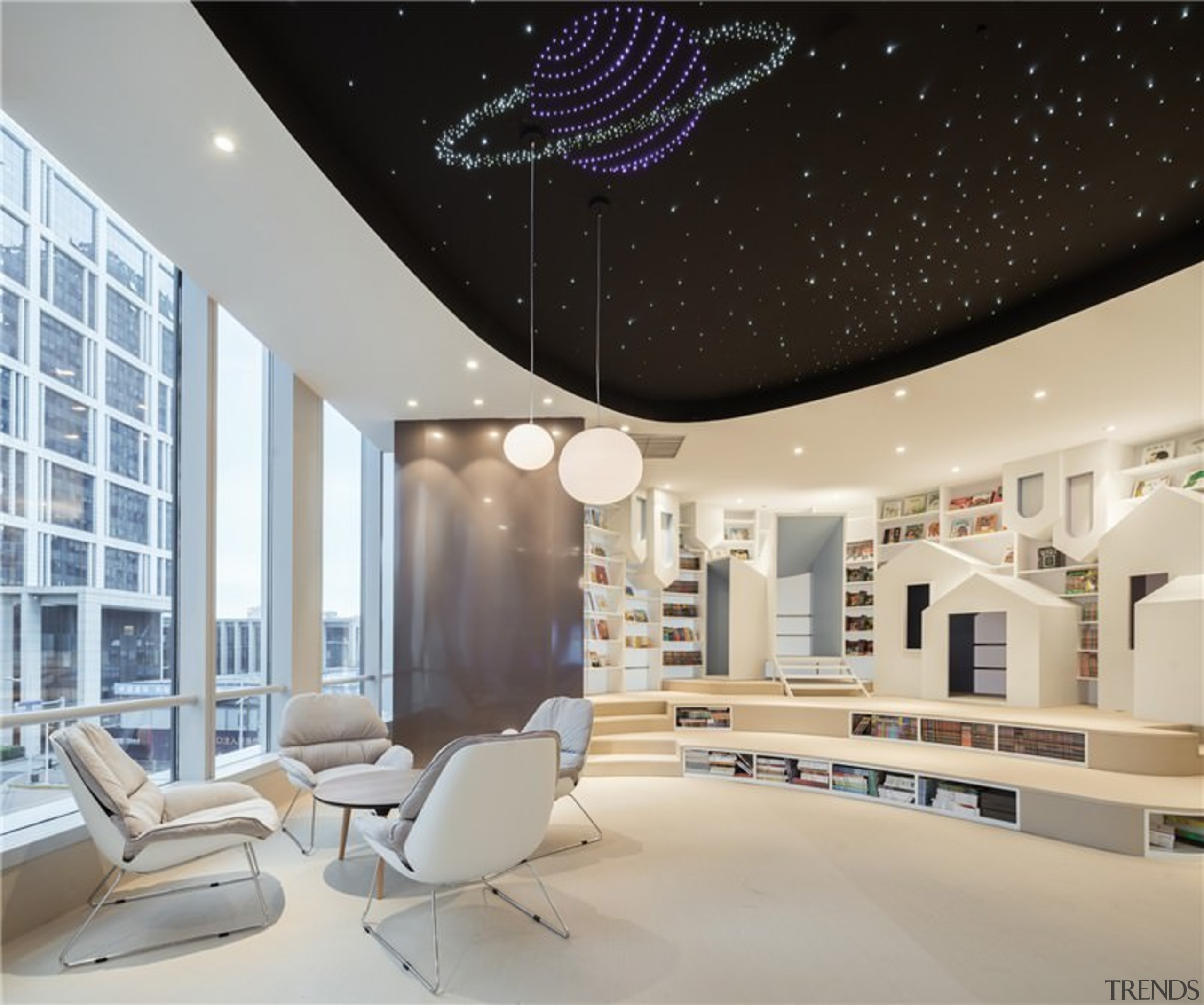 A new take on the bookstore - A ceiling, daylighting, interior design, living room, product design, gray