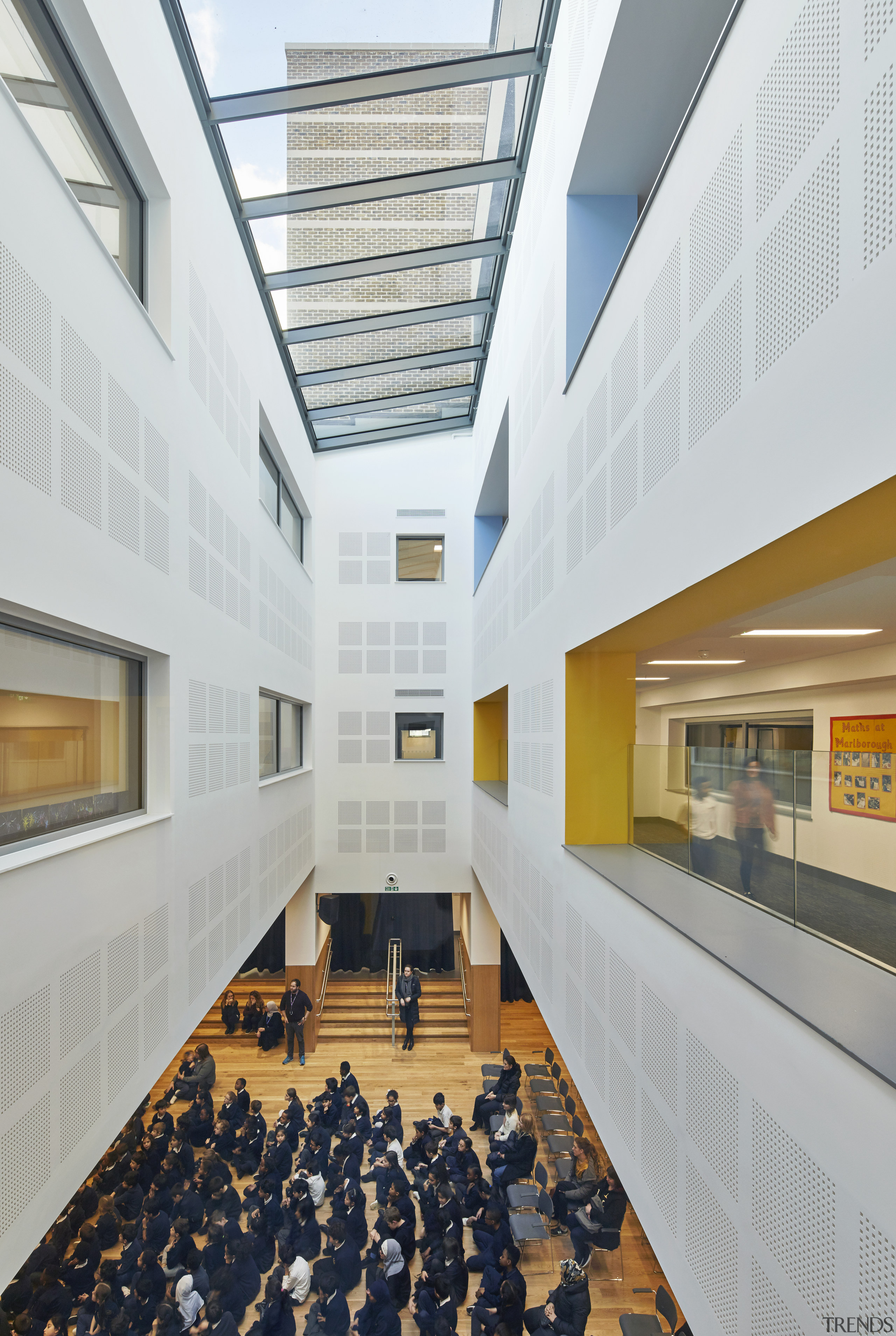 Large rooflights flood natural light into circulation spaces architecture, building, corporate headquarters, daylighting, headquarters, interior design, lobby, mixed use, real estate, gray, white