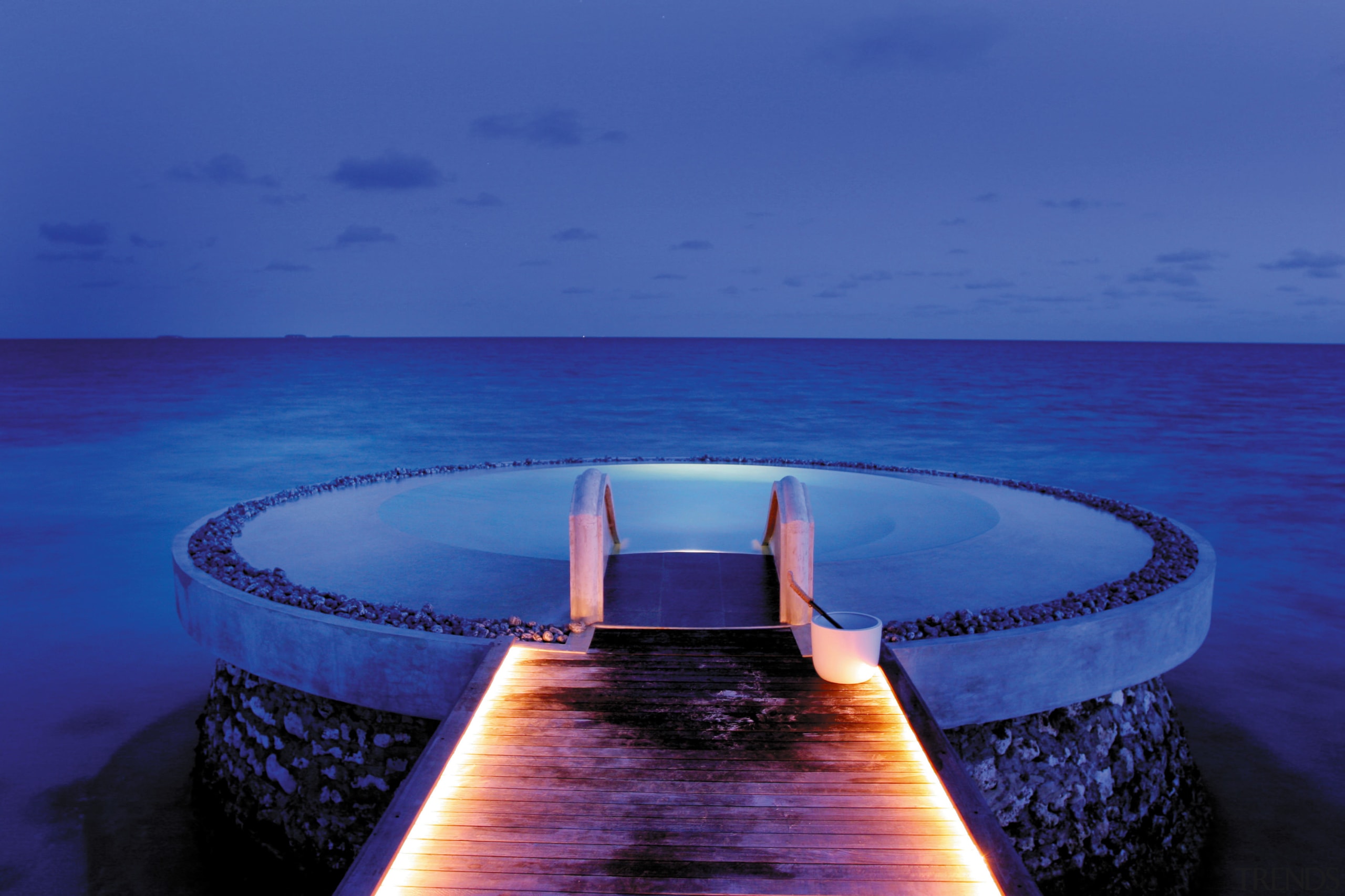 A view of the boardwalk. - A view azure, blue, body of water, calm, dusk, evening, fixed link, horizon, lighting, ocean, sea, sky, swimming pool, water, blue