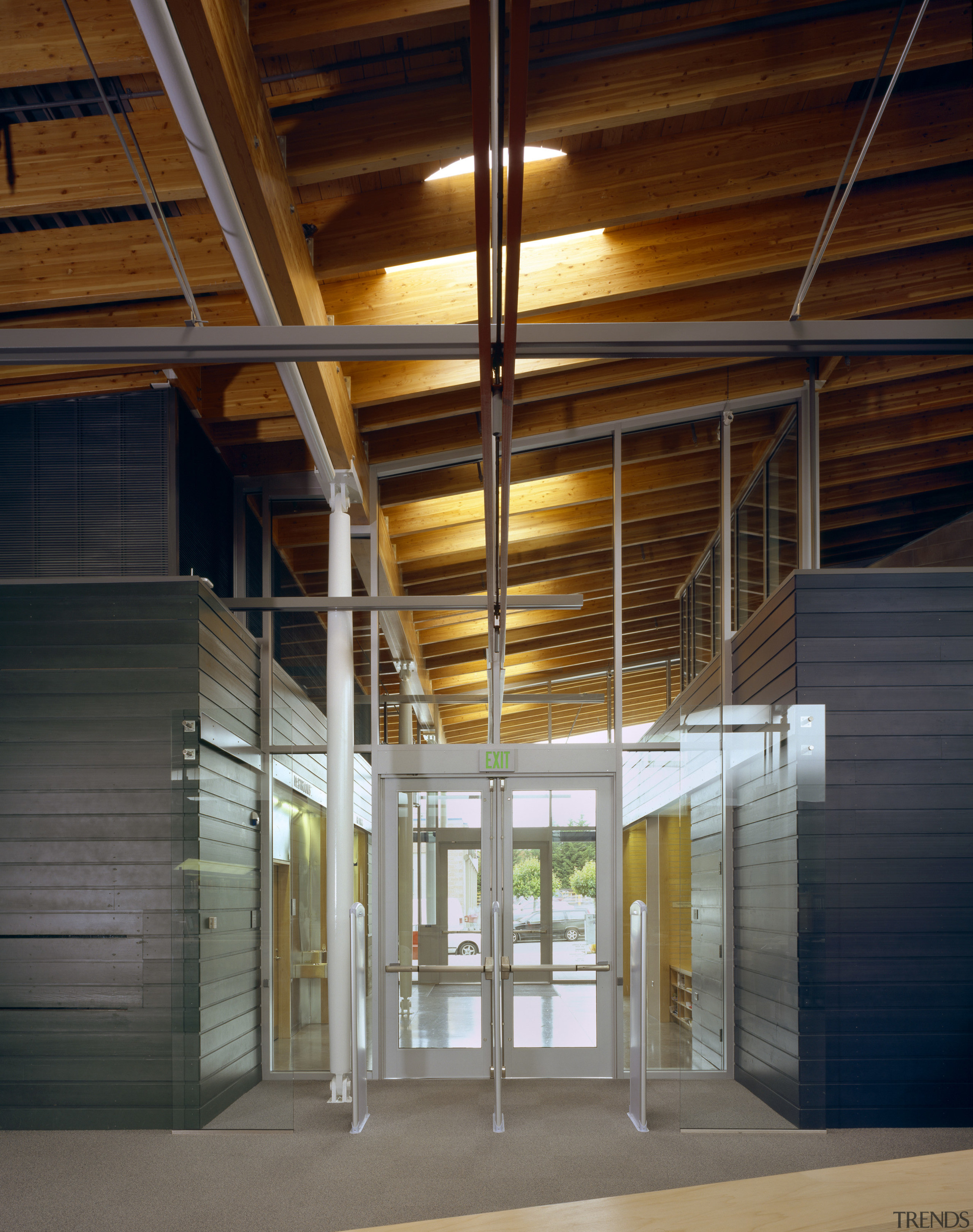 View of the Ballard Library and Neighborhood Service architecture, daylighting, facade, home, house, interior design, structure, wood, gray