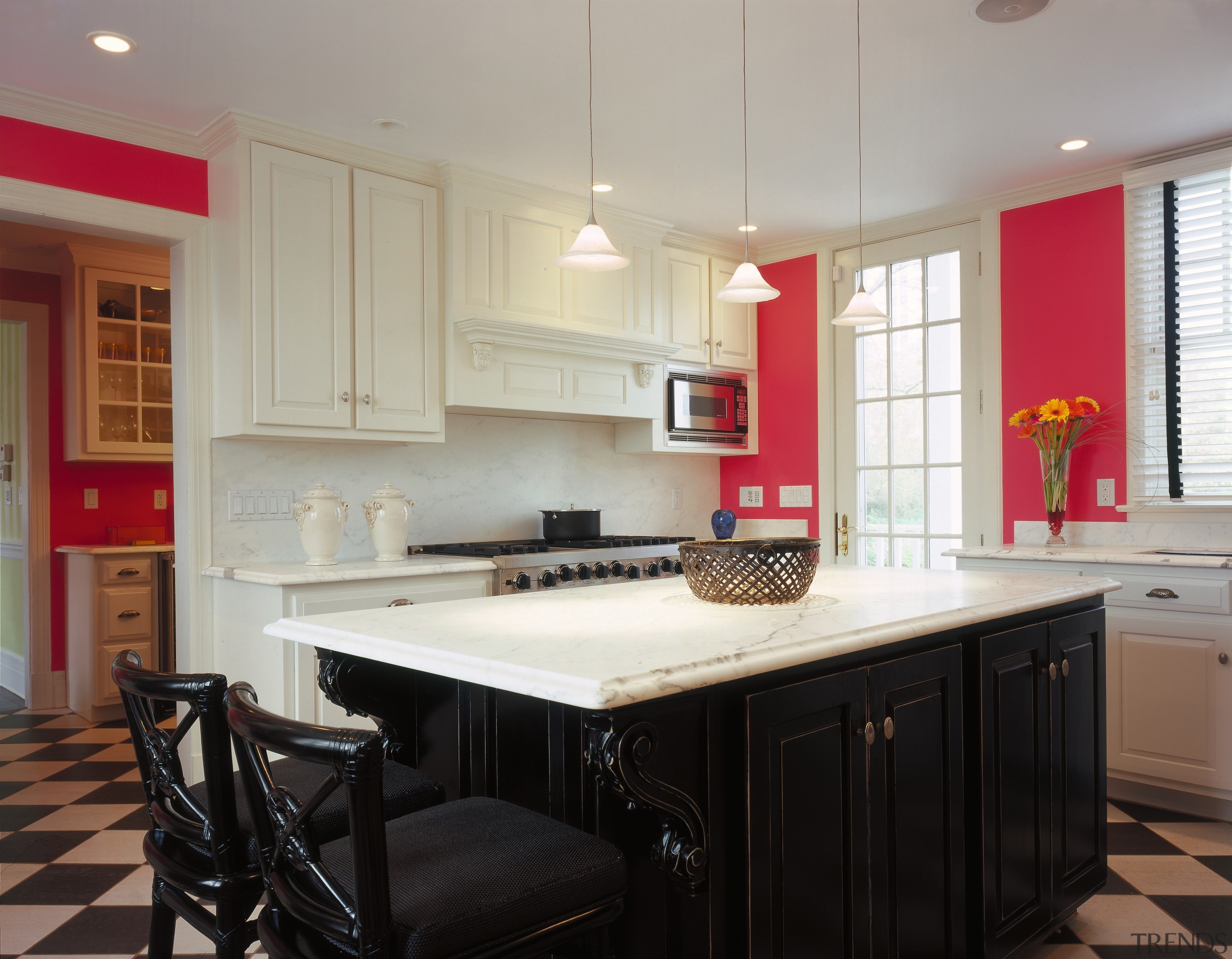 Kitchen with a bold color scheme. Hot pink cabinetry, ceiling, countertop, cuisine classique, flooring, interior design, kitchen, real estate, room, gray, black