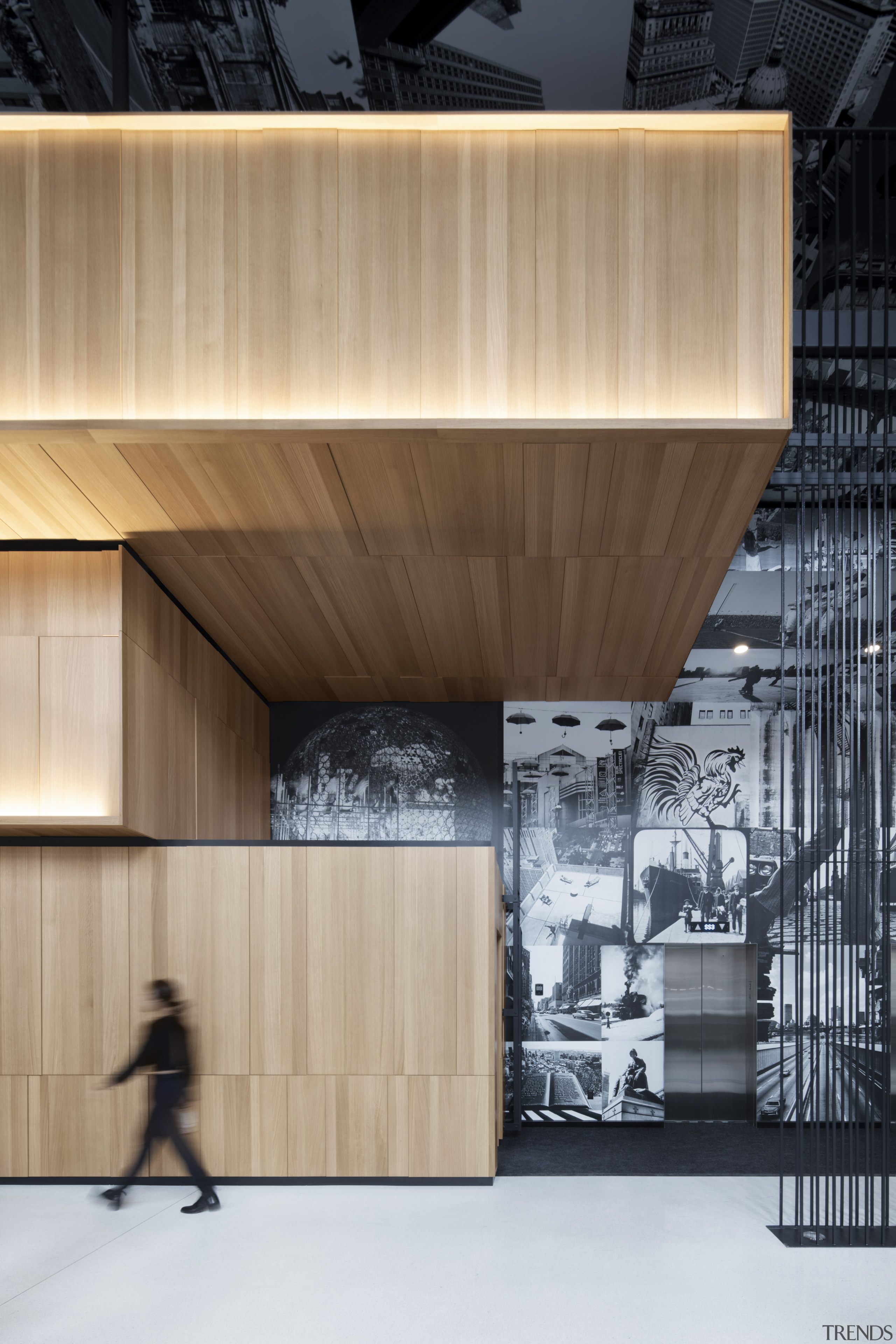 The Hotel Monville lobby features a massive black-and-white architecture, design, Monville Hotel, giant lobby, mural, Valerie Jodoin Keaton