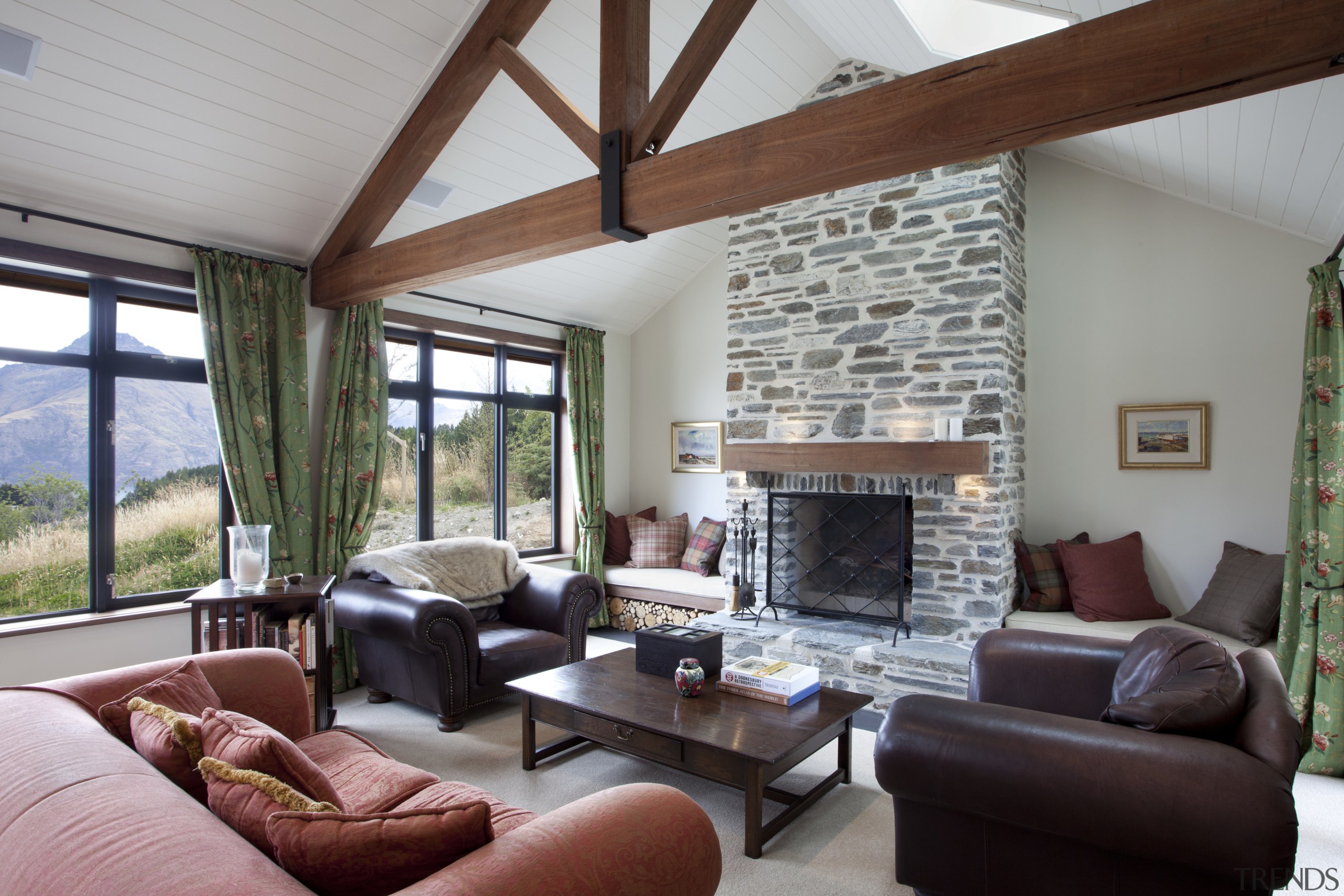 View of lounge with exposed ceiling beams, stone ceiling, estate, home, house, interior design, living room, property, real estate, room, window, gray