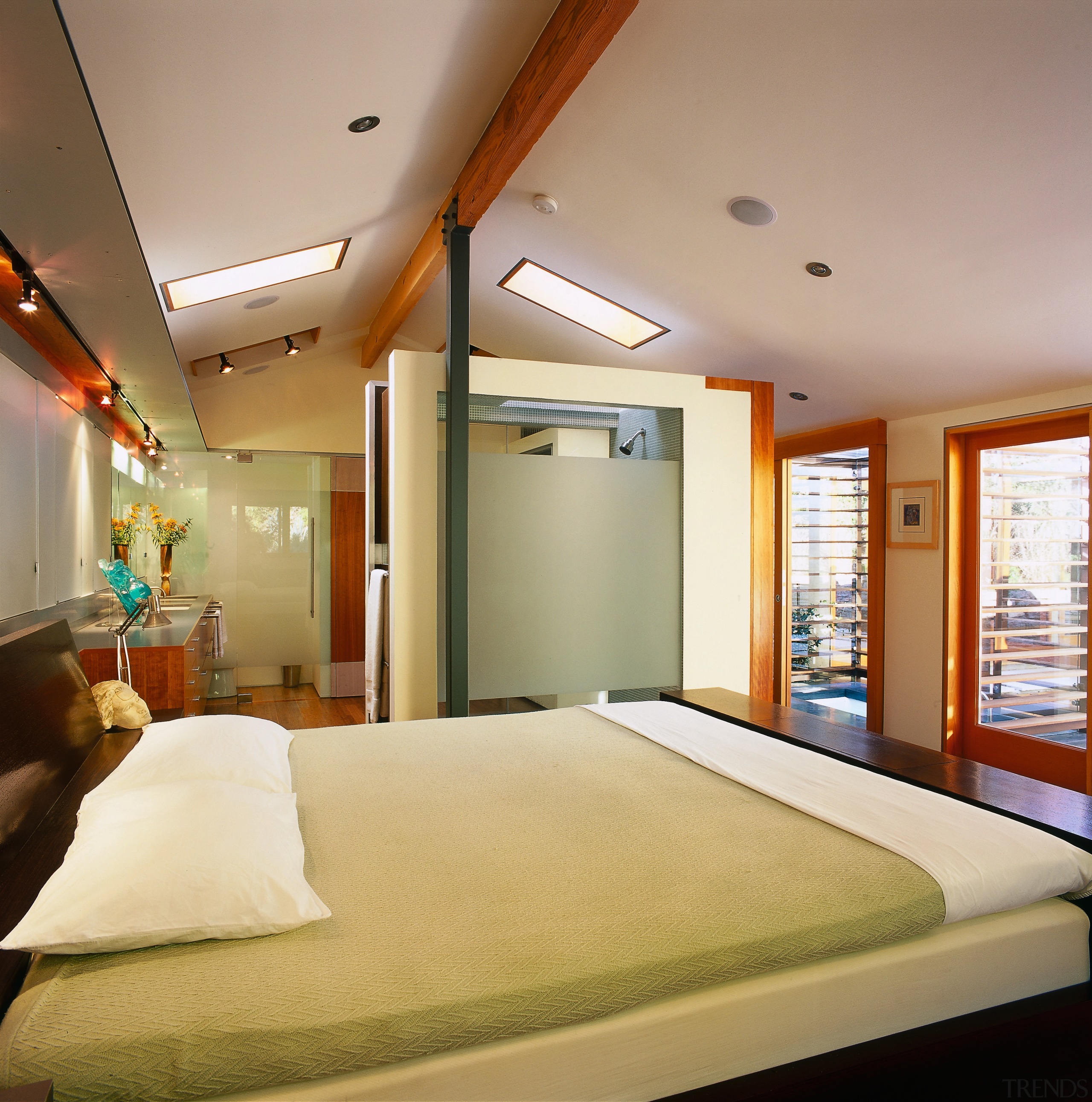 View of bedroom and bethroom - View of bedroom, ceiling, daylighting, estate, interior design, real estate, room, suite, window, brown, gray, orange