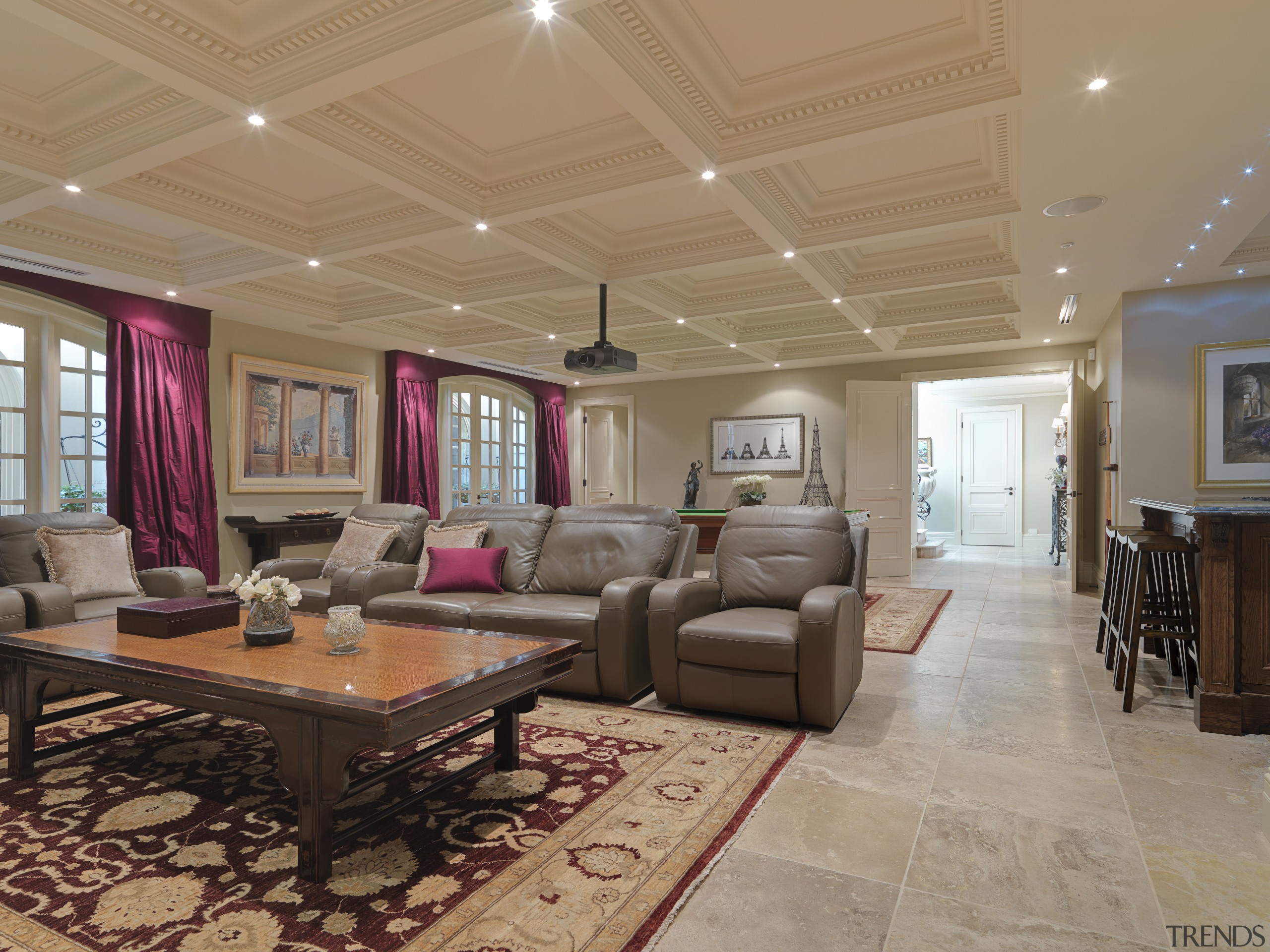 Living room with furniture and floor tiles - ceiling, estate, floor, flooring, interior design, living room, lobby, property, real estate, room, brown