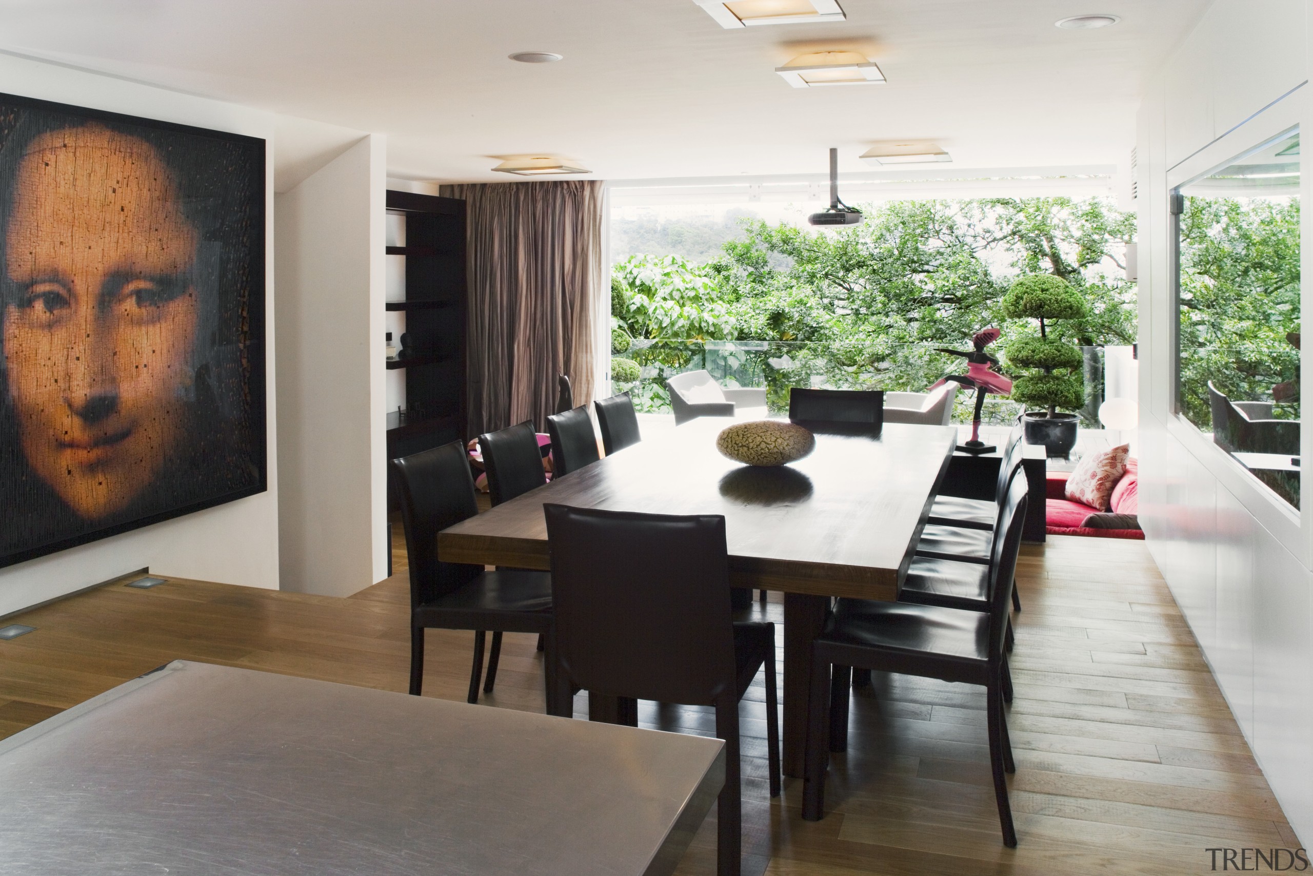 View of dining area featuring large dark stained dining room, interior design, room, table, white