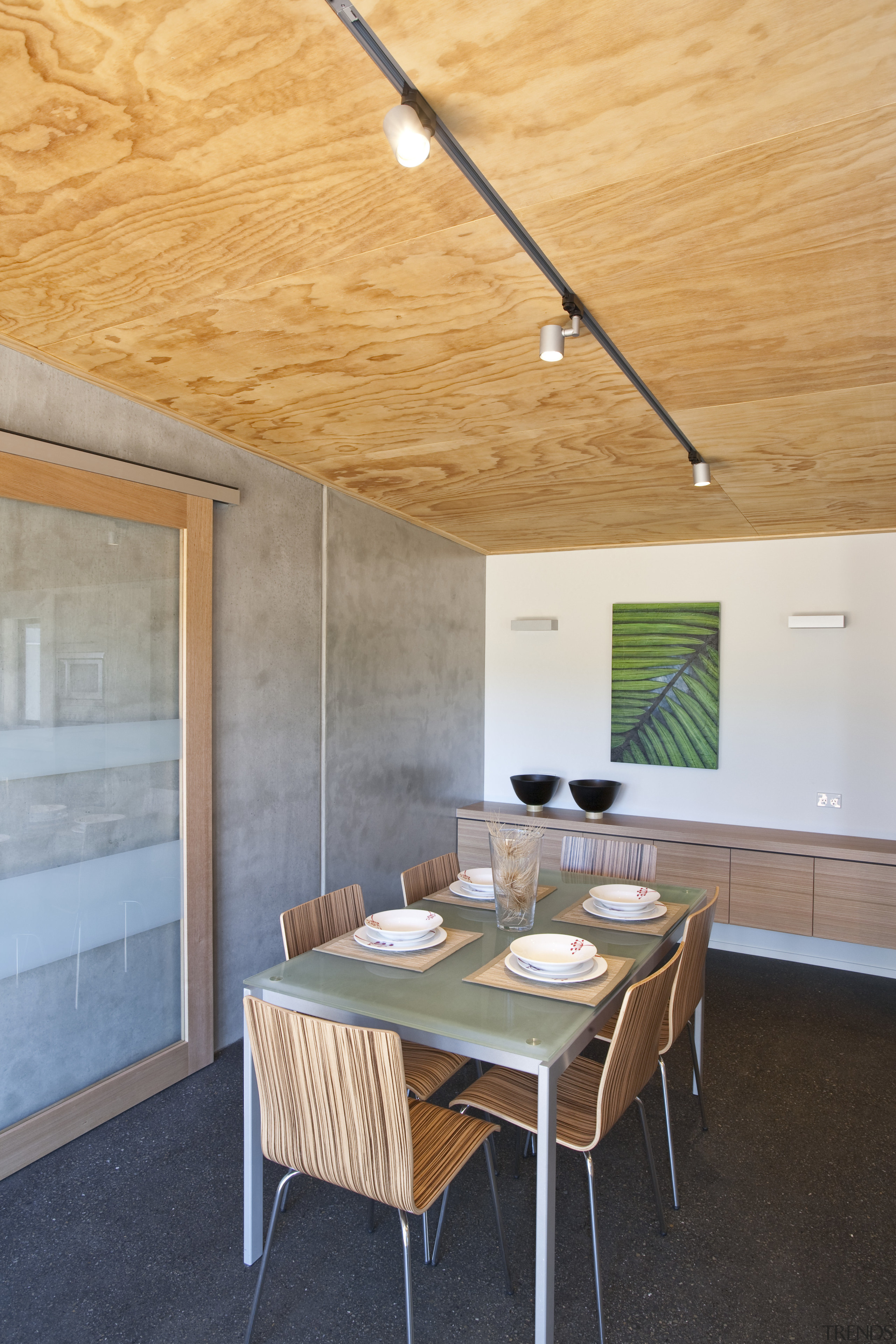 View of the dining area which features timber architecture, ceiling, daylighting, floor, flooring, home, house, interior design, real estate, table, wall, wood, orange, gray