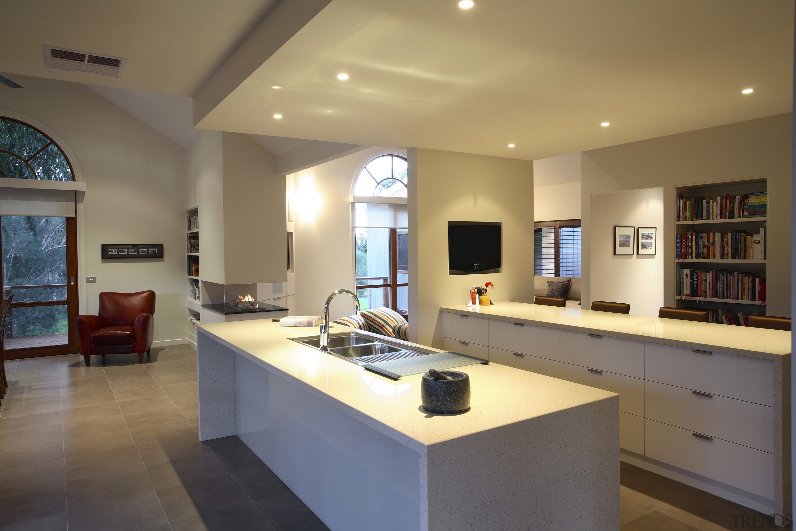 View of contemporary kitchen in neutral tones. - countertop, interior design, kitchen, real estate, room, brown