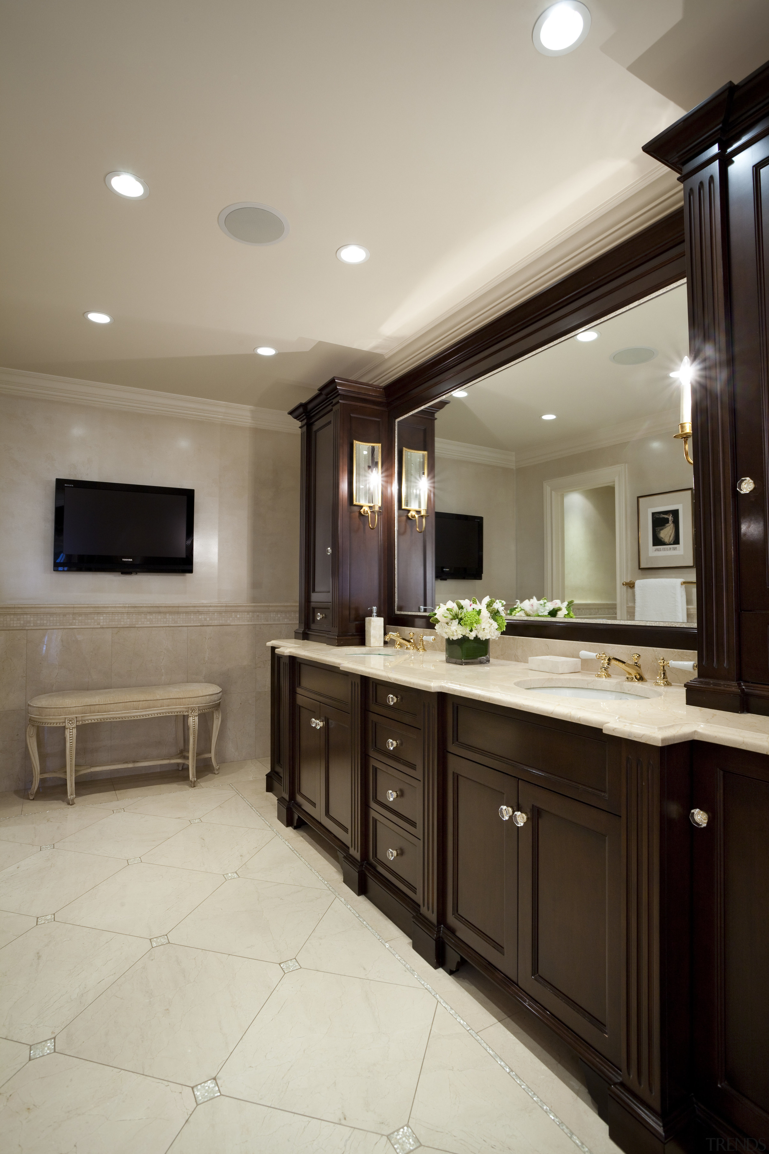 A large mirror doubles the apparent size of cabinetry, ceiling, countertop, cuisine classique, floor, flooring, home, interior design, kitchen, room, gray