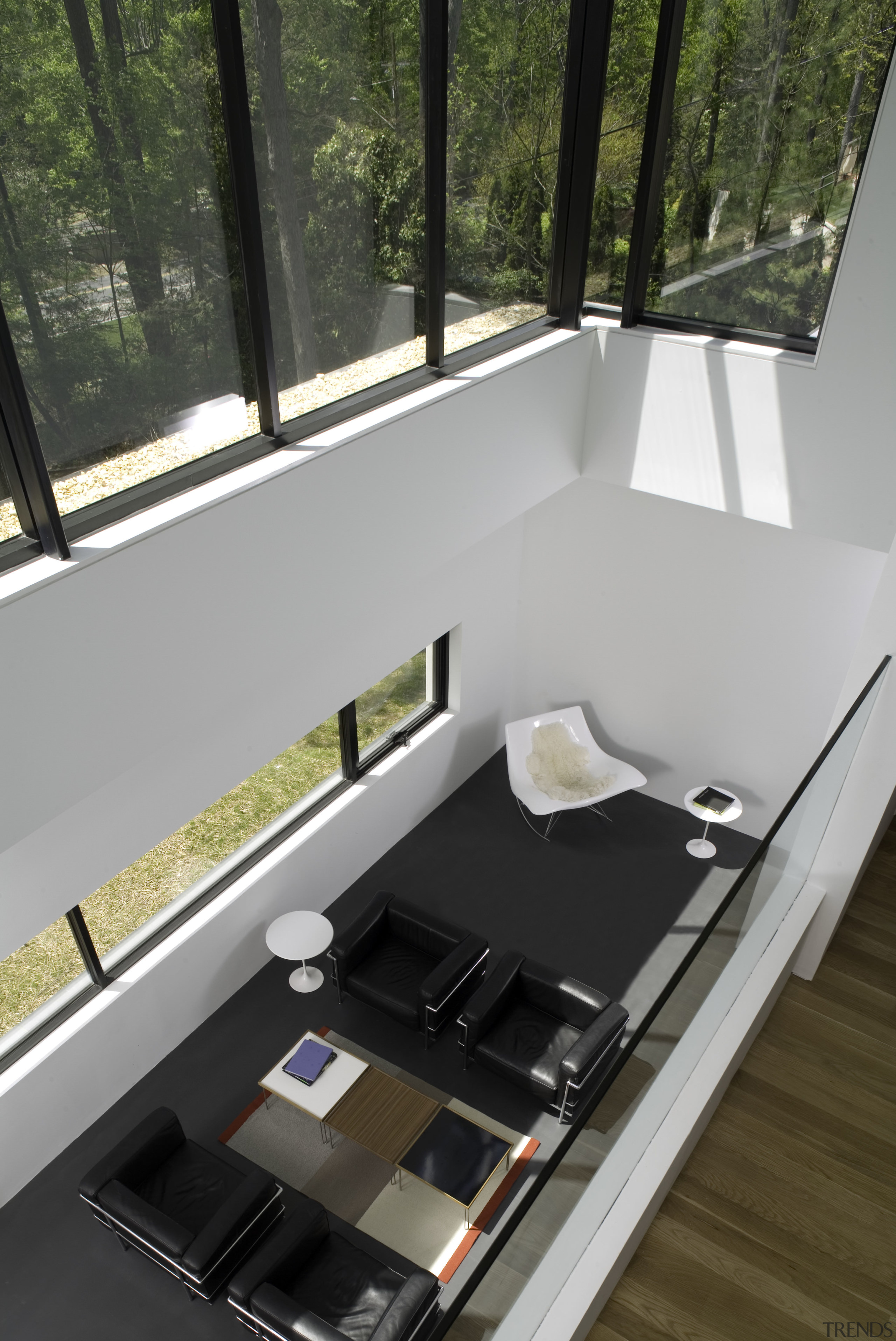 White walls and dark furniture and floors provide architecture, daylighting, house, gray, black