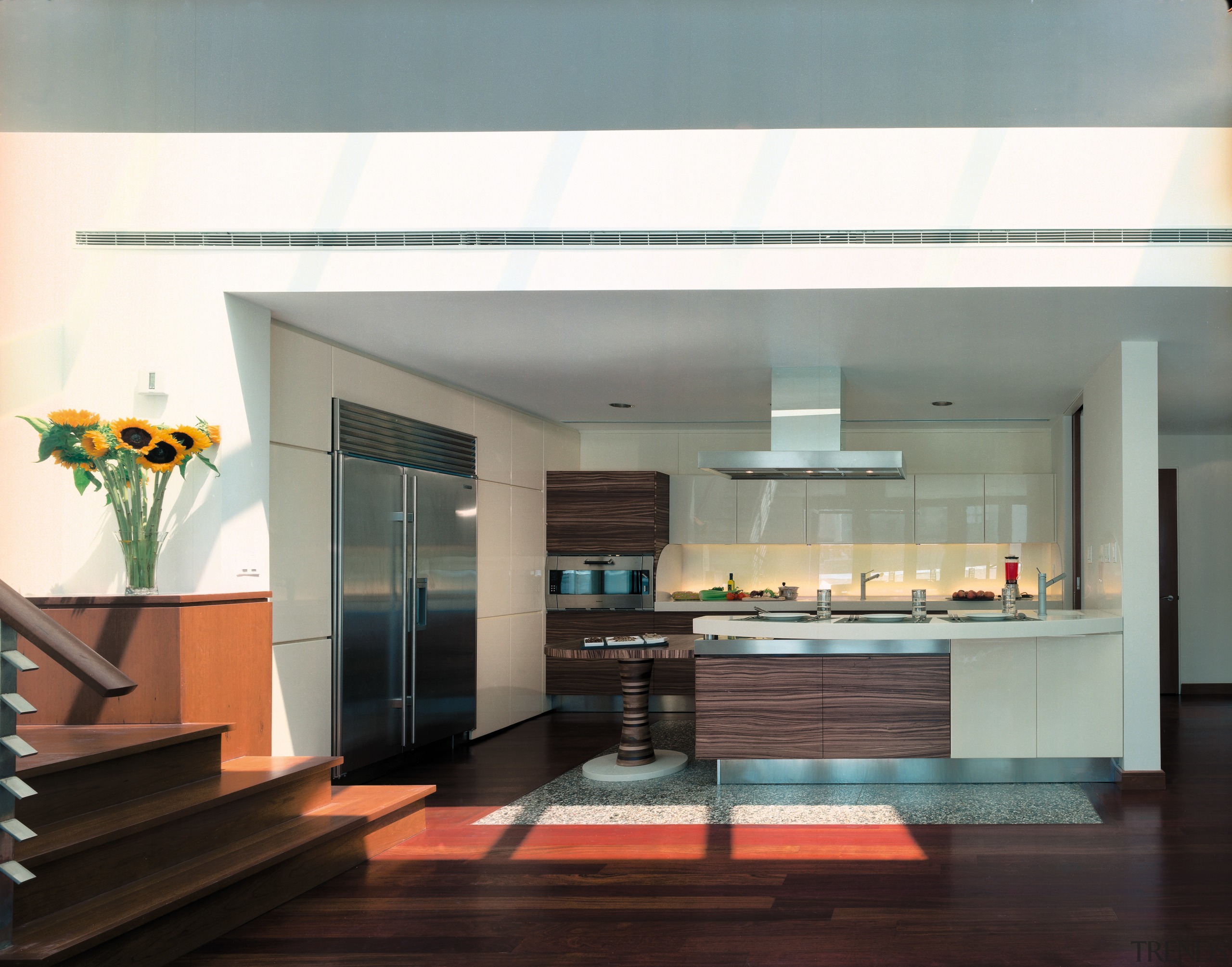 view of this kitchen featuring  zebra wood interior design, kitchen, gray