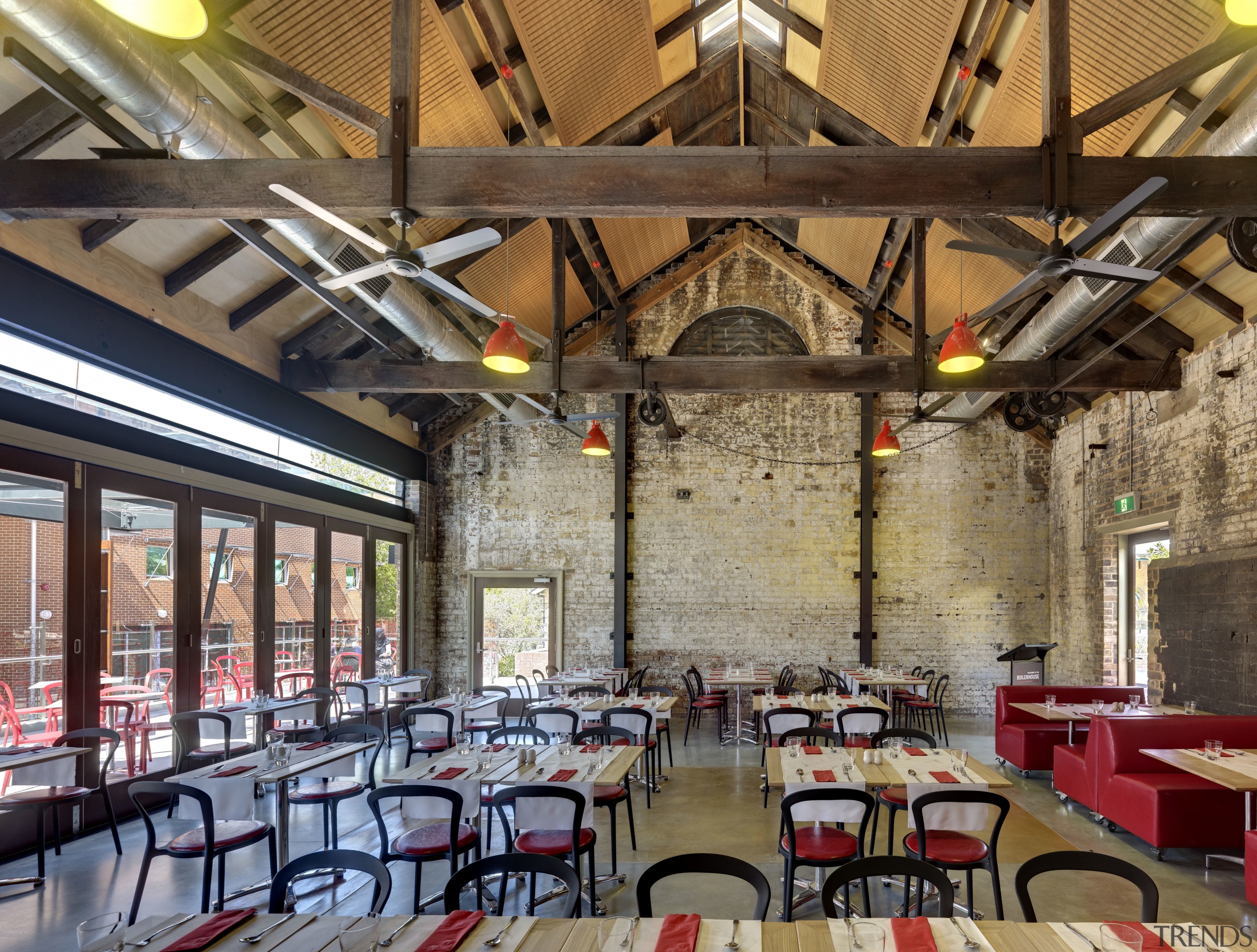 View of dining area with red seats and interior design, restaurant, brown, gray