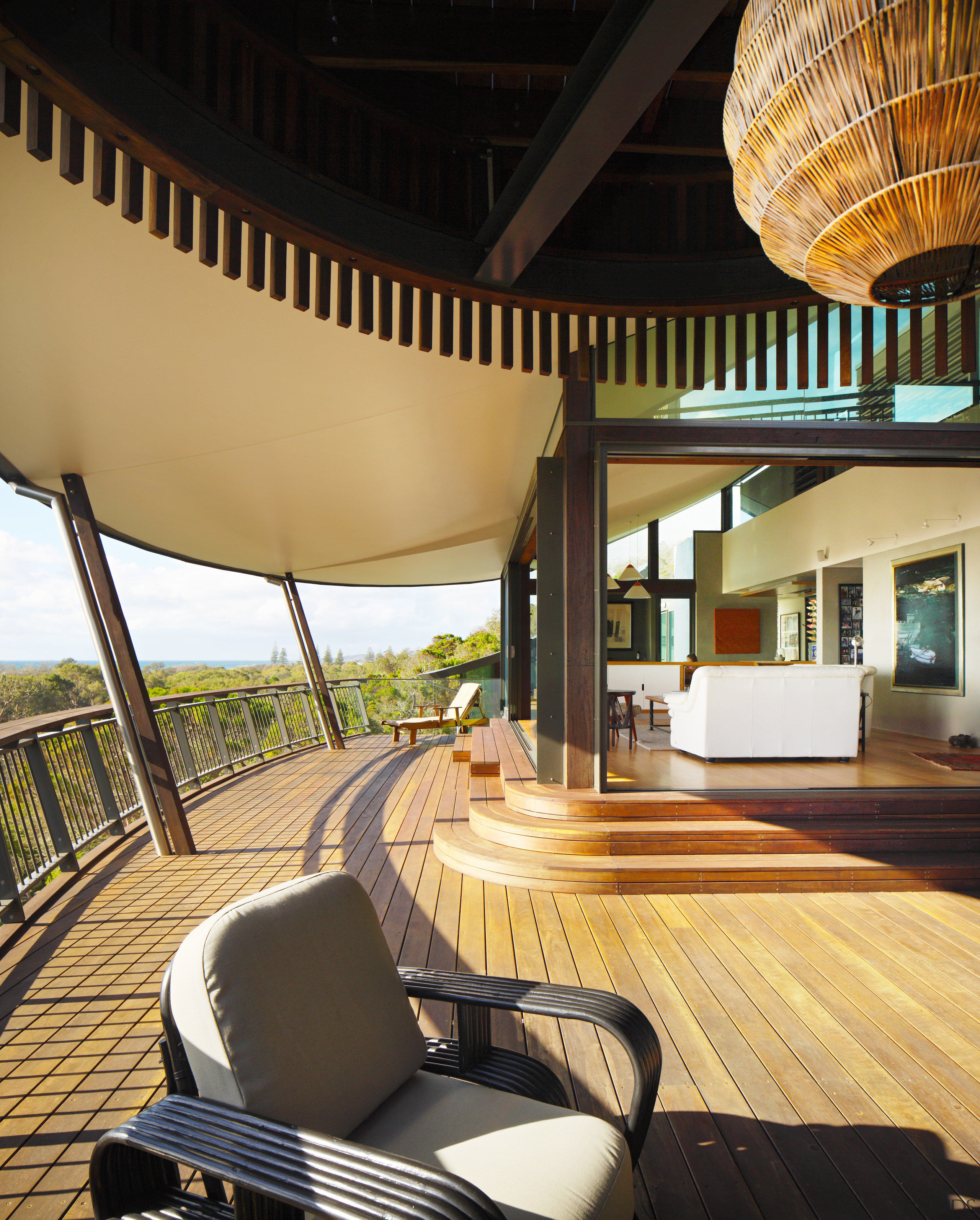 In this holiday home designed by architect Dan architecture, ceiling, estate, home, house, interior design, living room, property, real estate, wood, black, orange