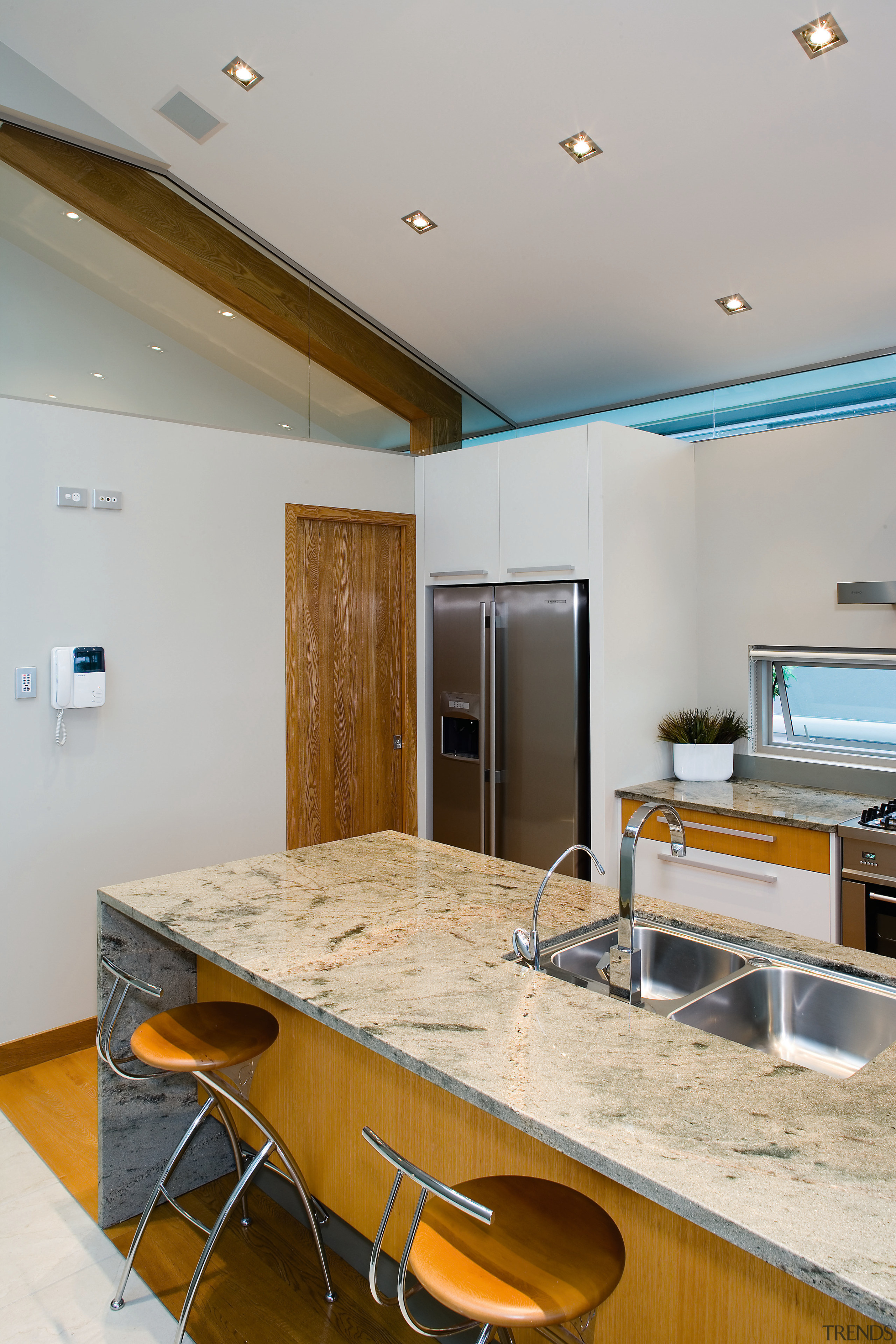 A view of thiskitchen featuring marble benchtop, stainless ceiling, countertop, interior design, kitchen, real estate, room, gray