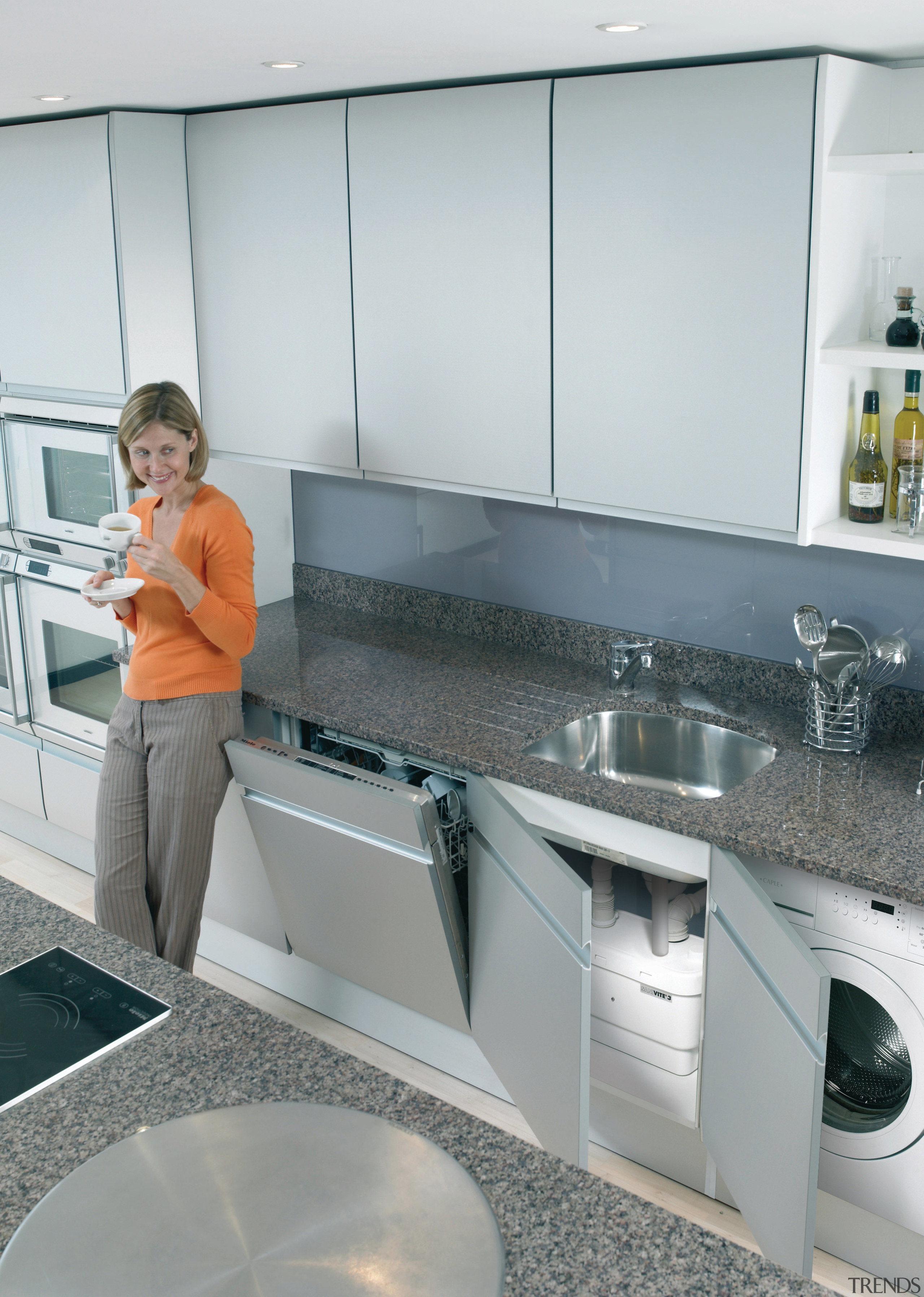 view of a kitchen which features hidden macerating countertop, home appliance, kitchen, major appliance, product design, room, sink, gray