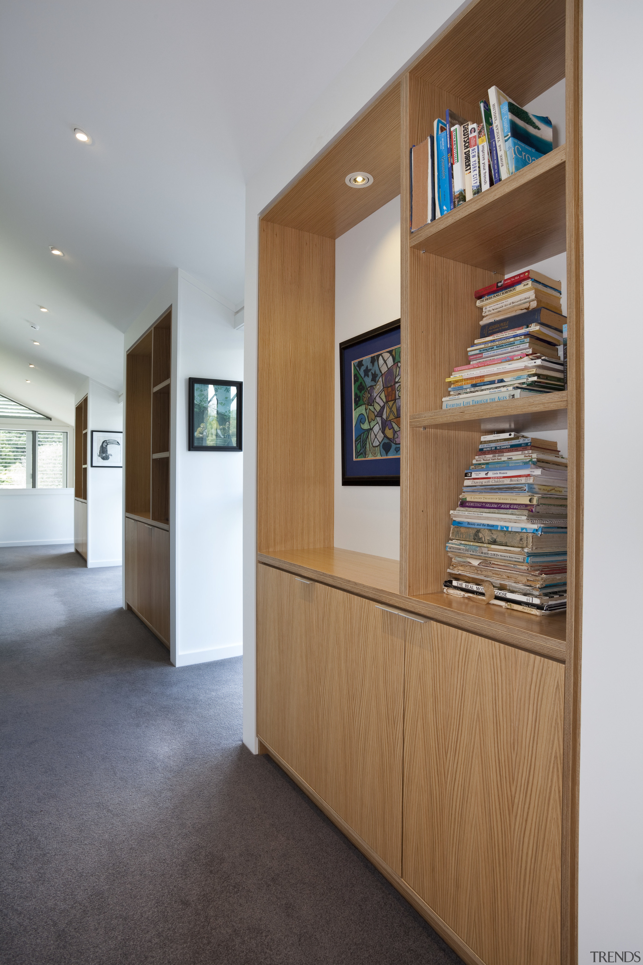 view of contemporary wooden shelving. - view of cabinetry, floor, flooring, furniture, interior design, real estate, shelf, shelving, gray, brown