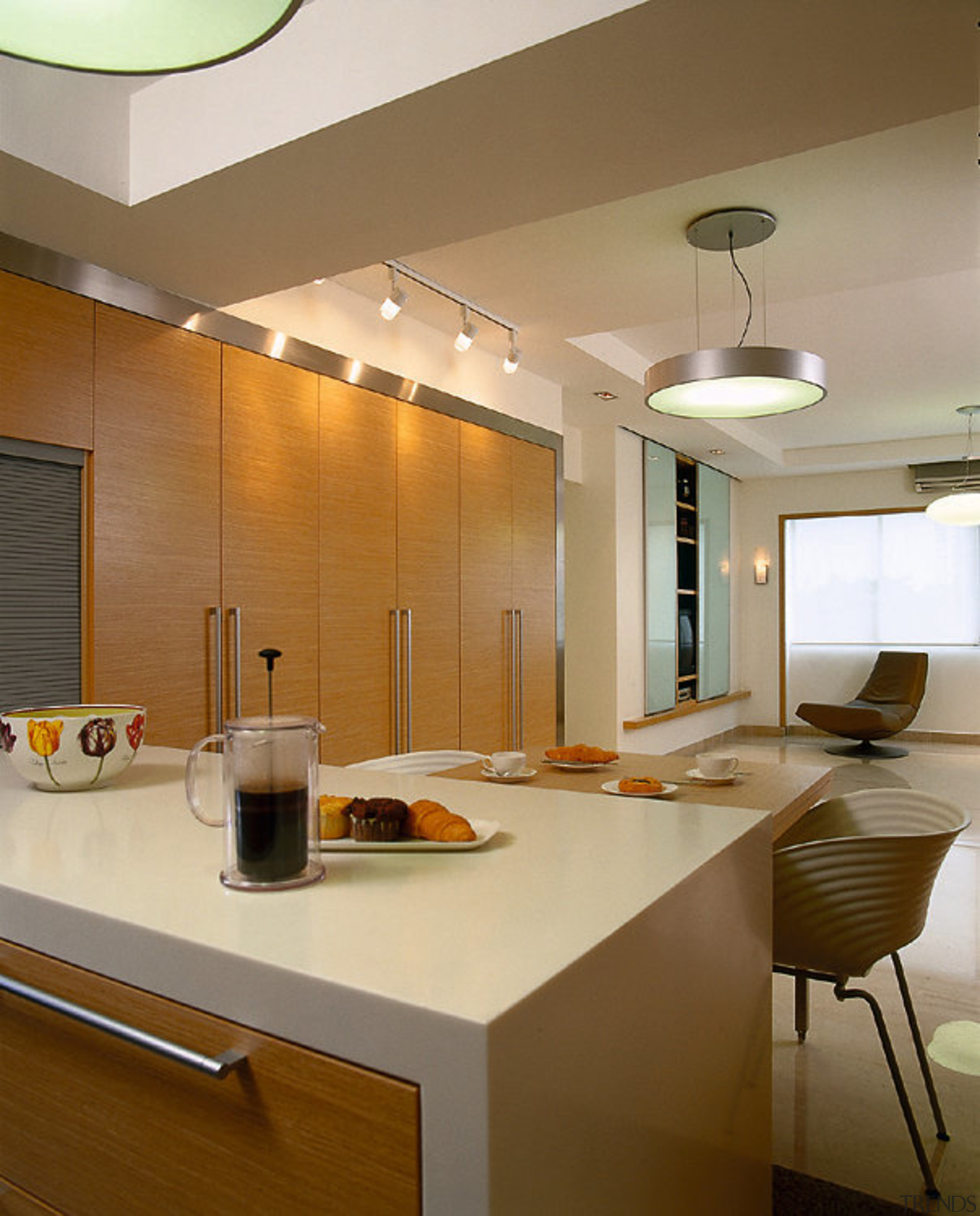 Looking past the bench &amp; into the living architecture, cabinetry, ceiling, countertop, interior design, kitchen, real estate, room, brown, orange