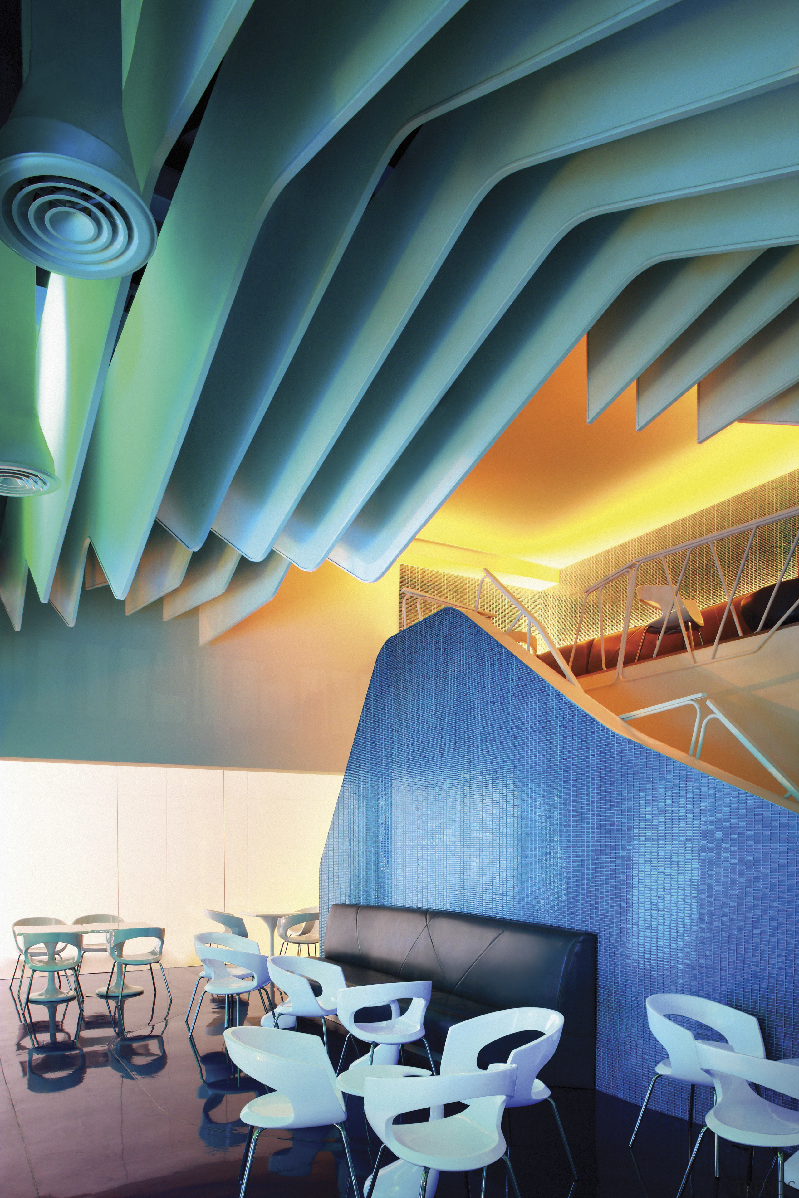 View of the hotels reception area featuring a architecture, blue, ceiling, interior design, light, lighting, wall, teal