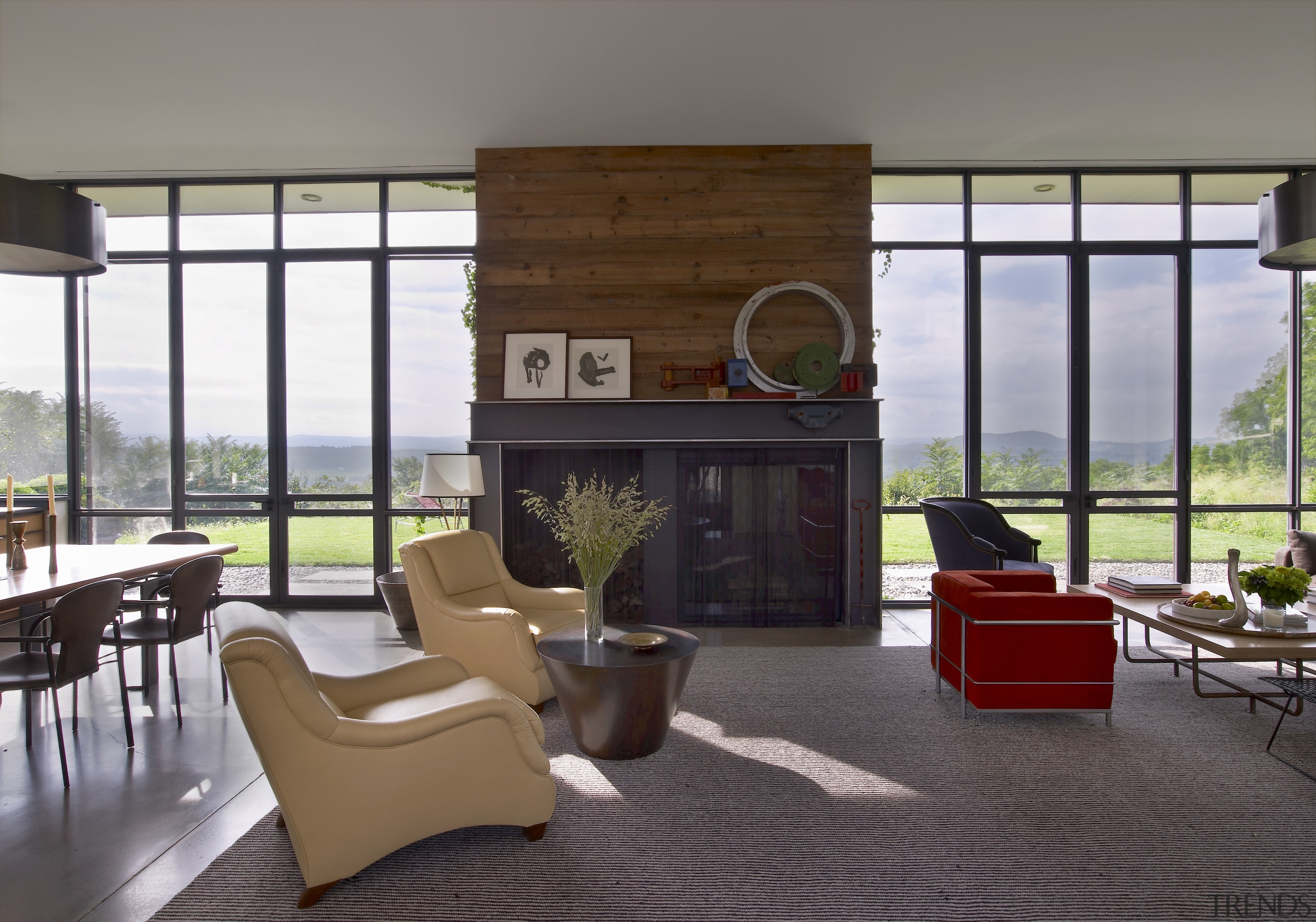 Full-height glazing opens up this house to the architecture, furniture, house, interior design, living room, lobby, real estate, window, gray