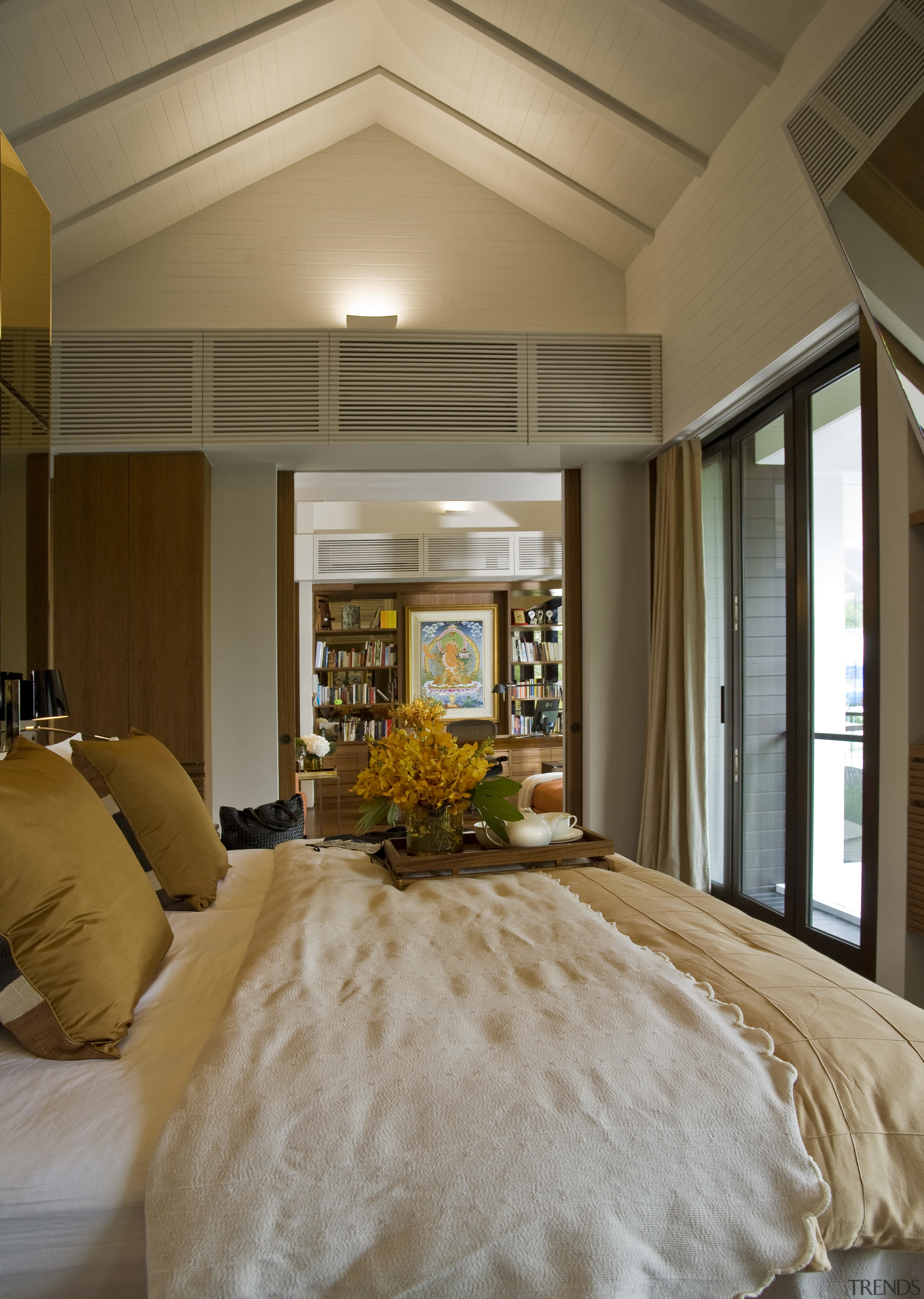 View of a bedroom featuring bed with white bedroom, ceiling, estate, floor, flooring, home, interior design, living room, real estate, room, window, brown, gray