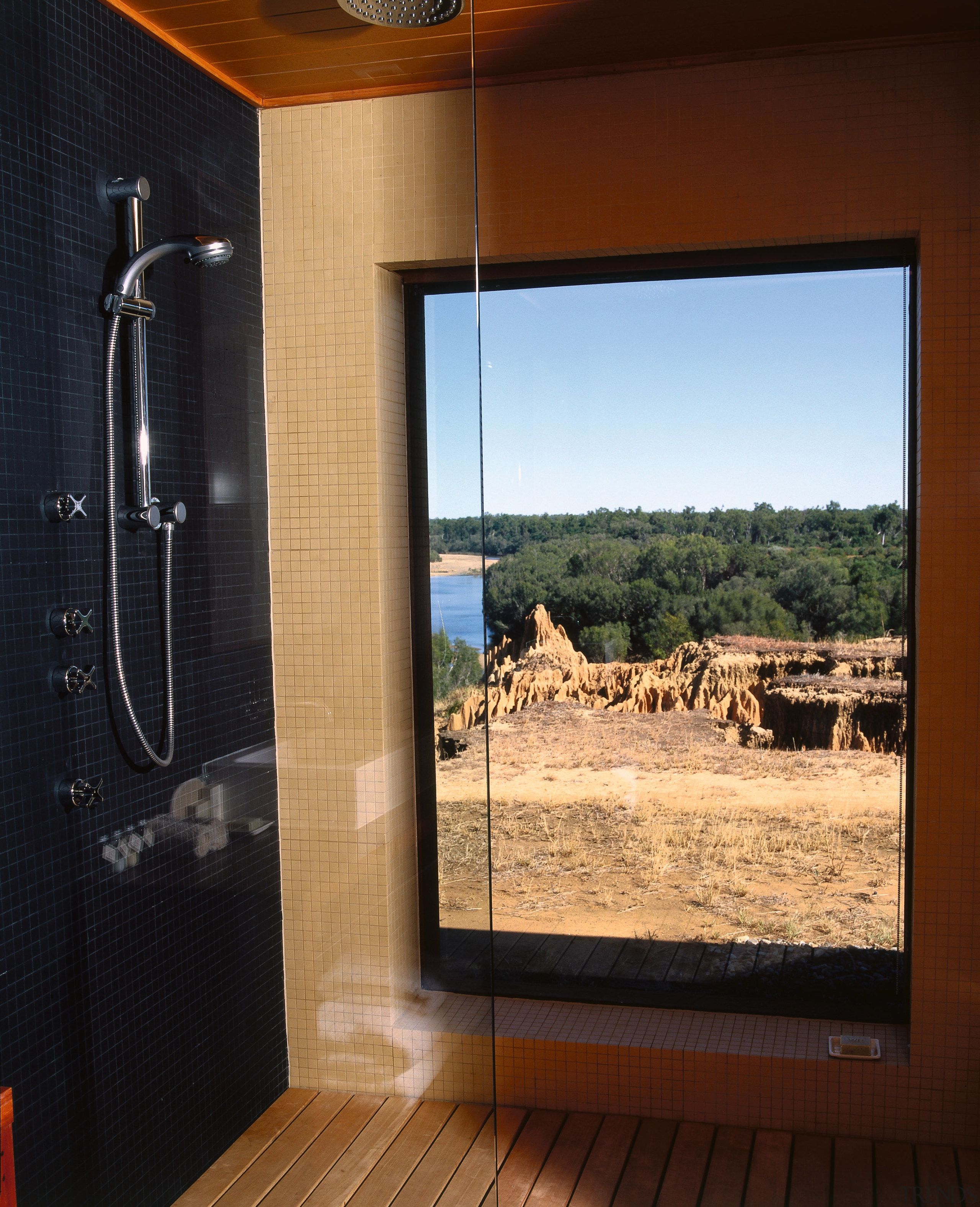 even the showers were designed to capitalise views architecture, door, home, house, interior design, room, wall, window, wood, black