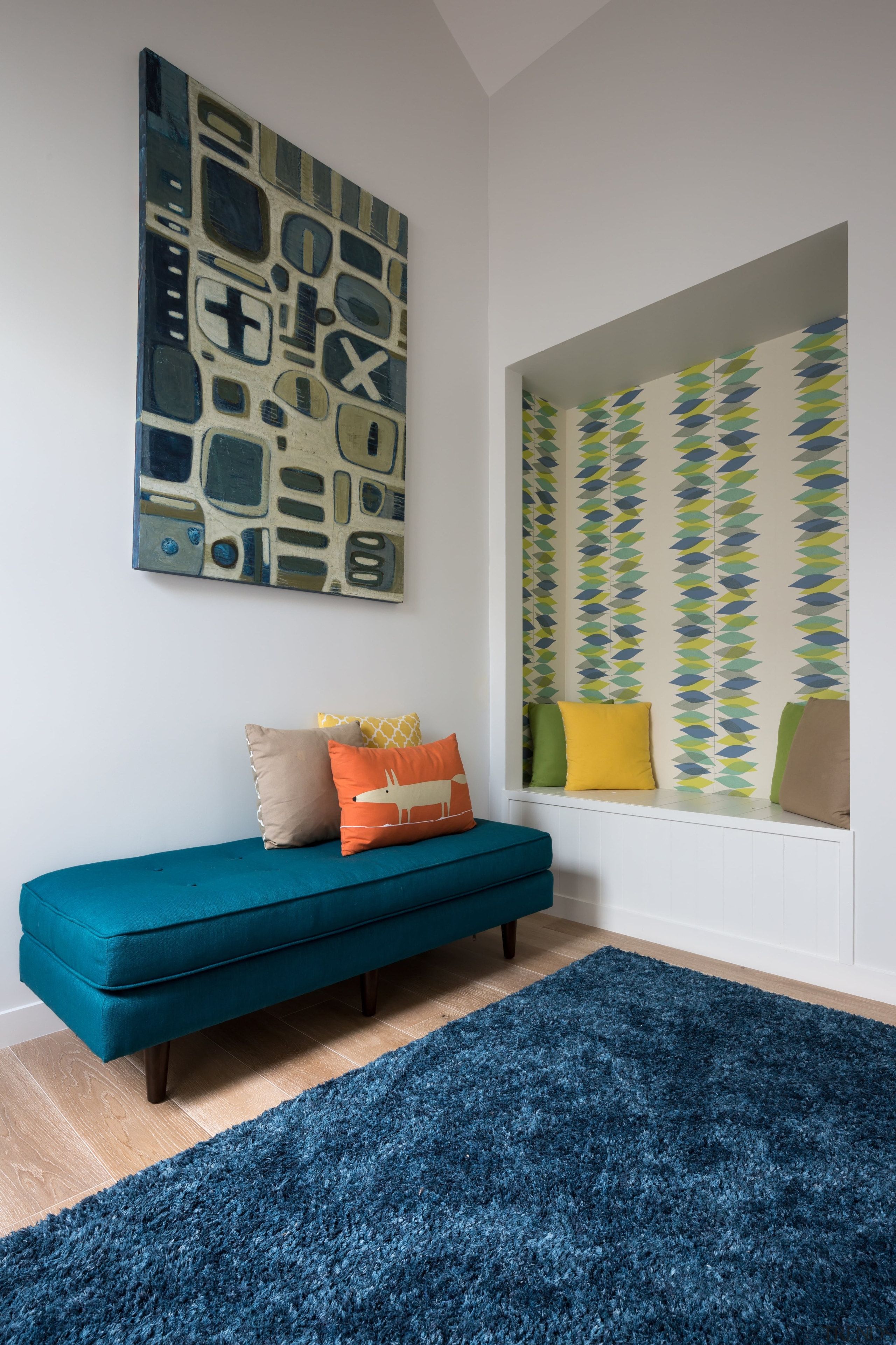 Nook - floor | furniture | home | floor, furniture, home, interior design, living room, room, table, wall, window, window covering, gray, blue