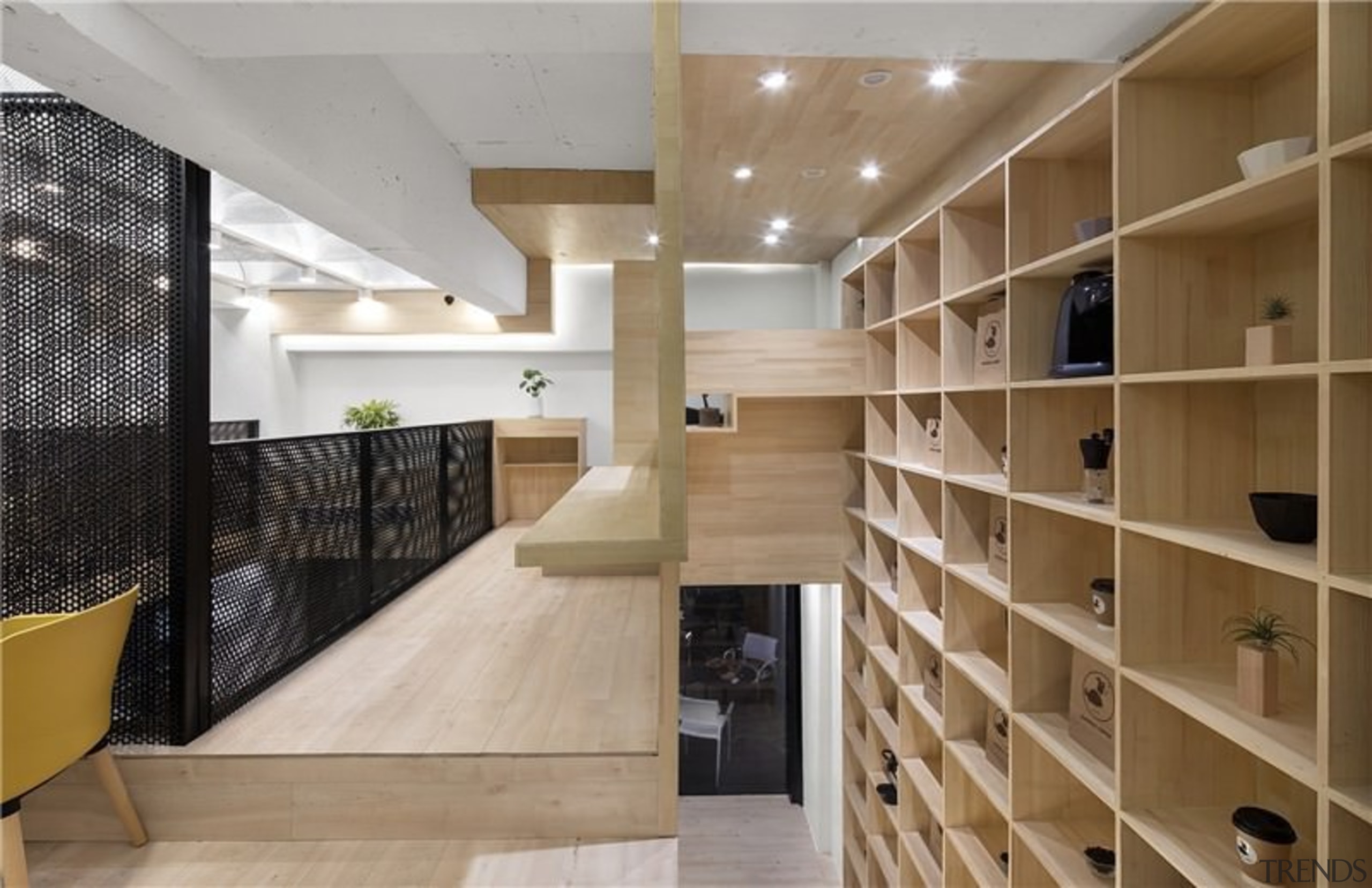 The balustrade separates the two levels - The cabinetry, ceiling, closet, floor, flooring, furniture, interior design, lobby, room, shelving, brown, gray