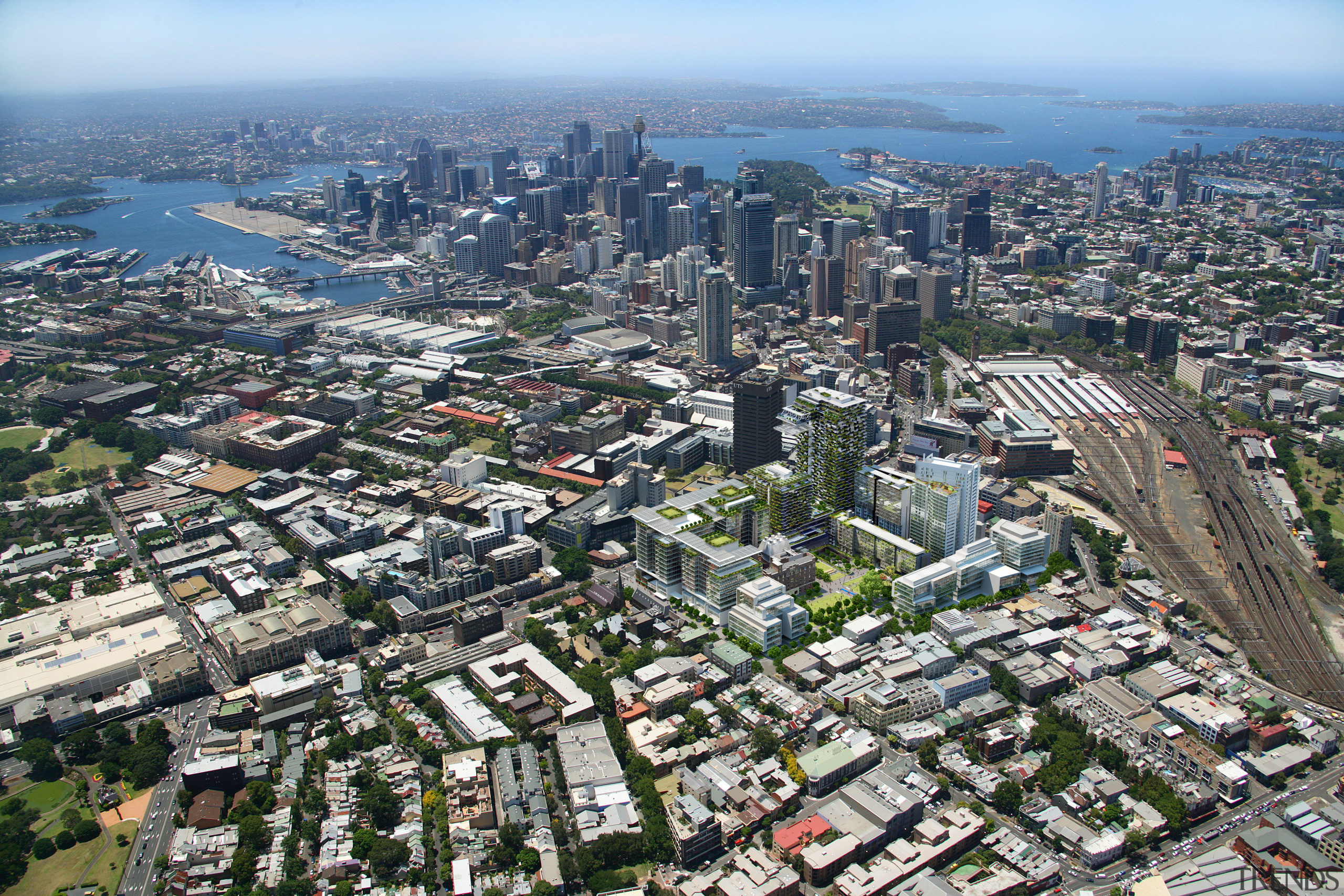 One Central Park, in the lower centre of aerial photography, bird's eye view, city, cityscape, daytime, metropolis, metropolitan area, neighbourhood, residential area, sky, skyline, suburb, tower block, urban area, urban design