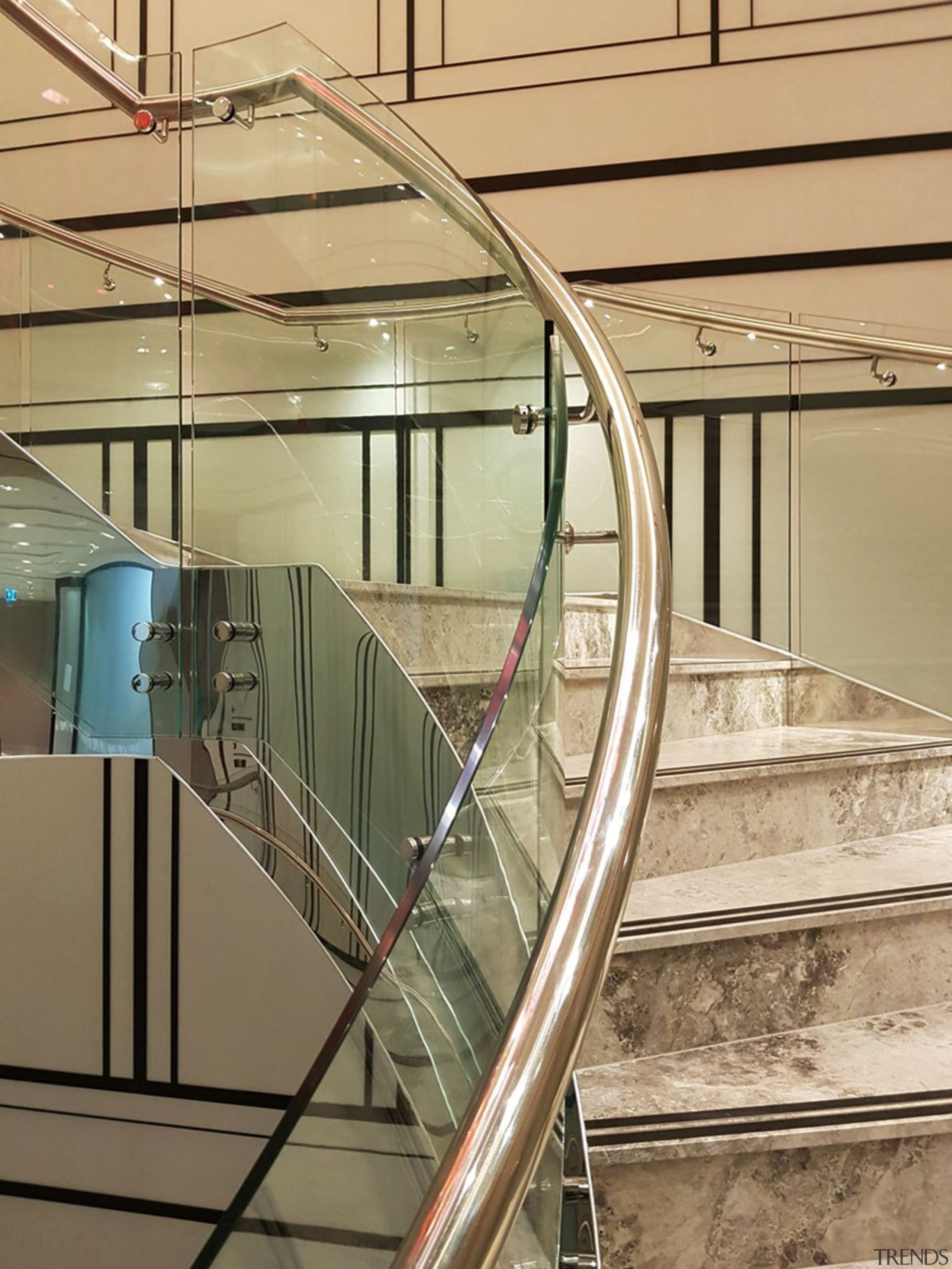 Doubletree Hilton 3 - architecture | glass | architecture, glass, handrail, line, metal, stairs, orange, brown