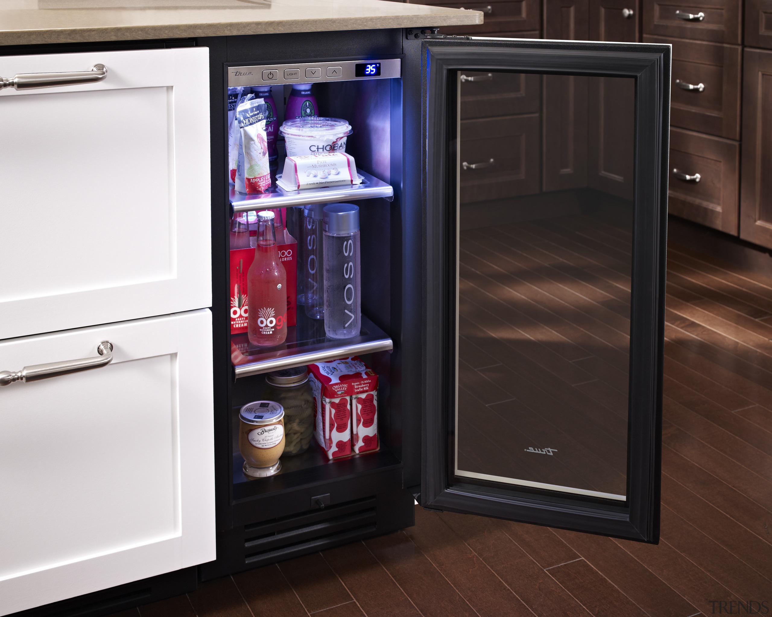 Wine refrigerator from the True Professional Series, a home appliance, kitchen appliance, major appliance, product, refrigerator, red, white