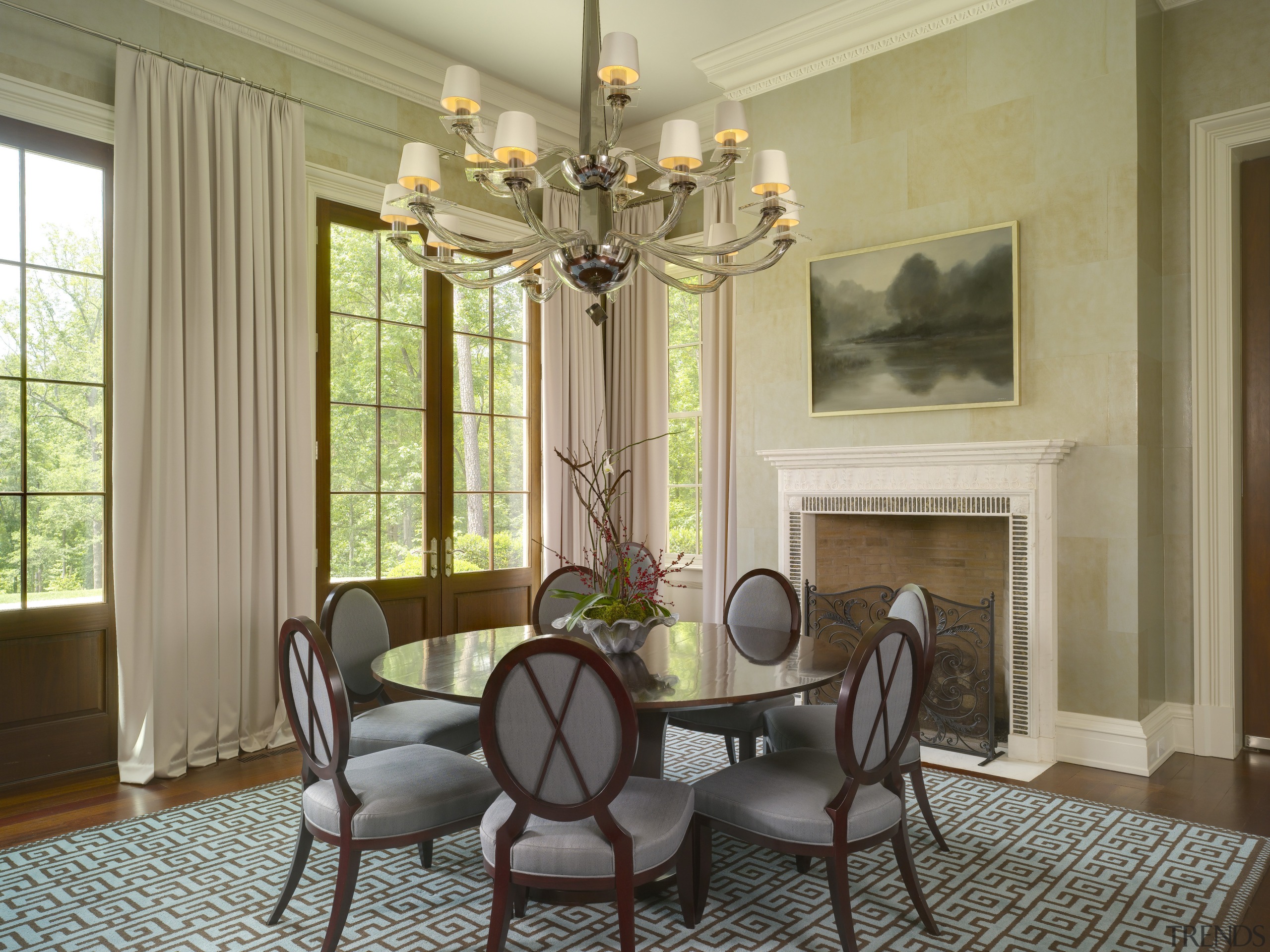 View of dining room of this Regency-styled home ceiling, dining room, estate, furniture, home, interior design, living room, real estate, room, table, wall, window, window covering, window treatment, brown, orange