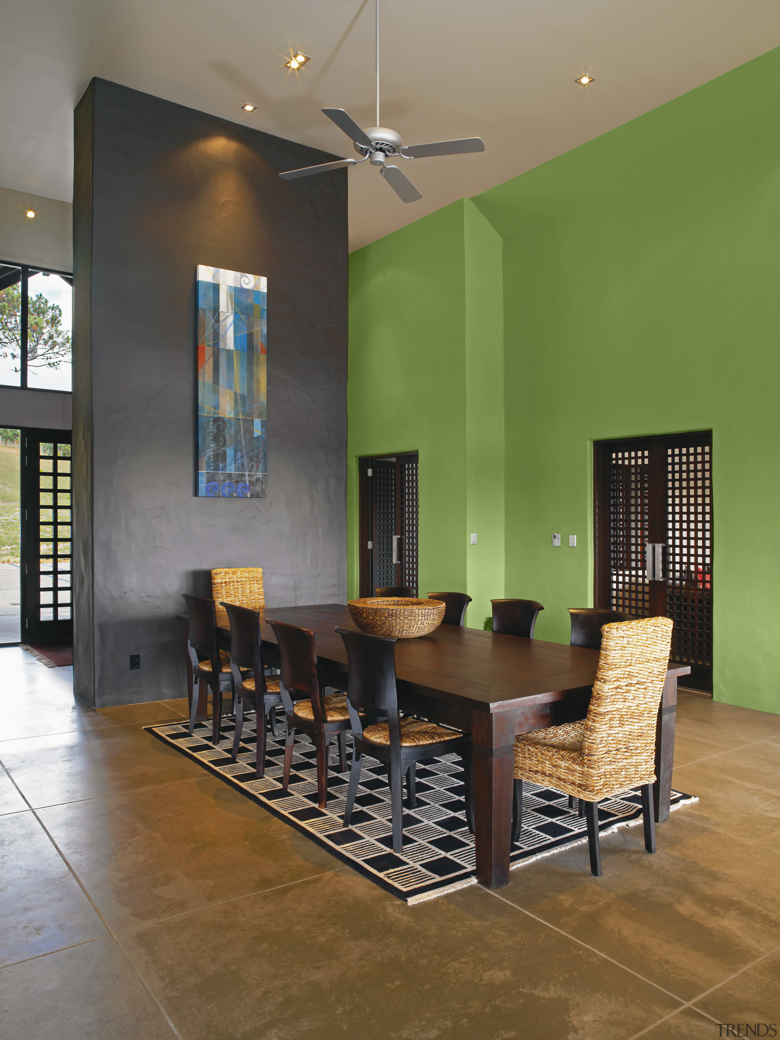 View of a dining room which features wall architecture, ceiling, chair, dining room, floor, flooring, furniture, interior design, living room, lobby, real estate, room, table, wall, wood flooring, brown