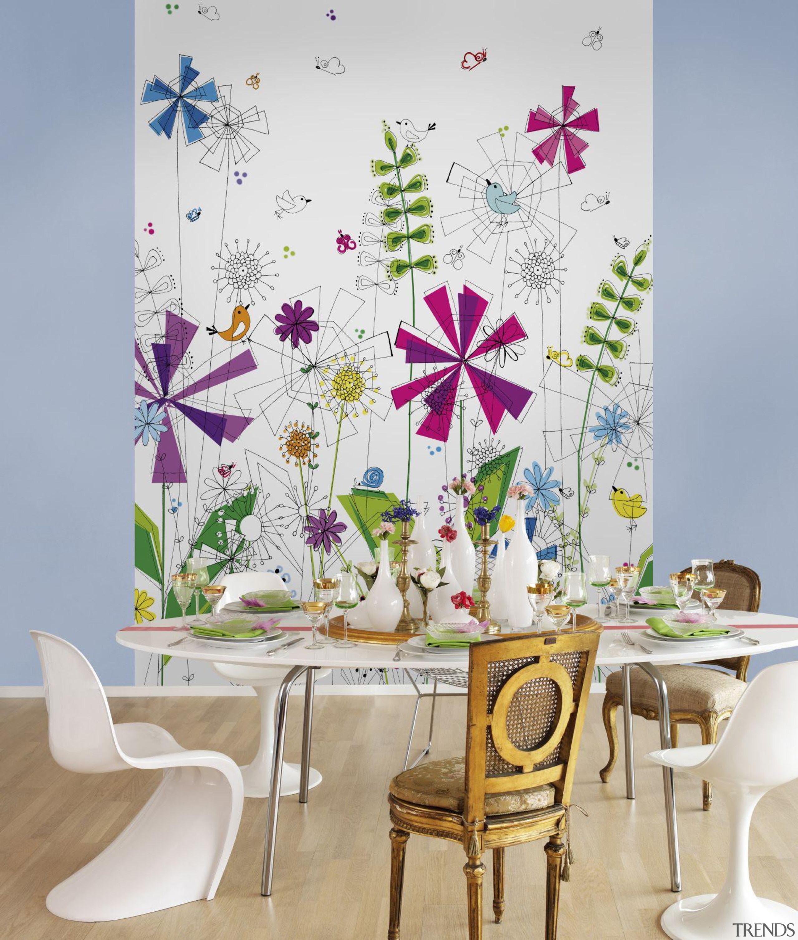 Funky Interieur - Italian Color Range - flower flower, interior design, purple, table, wall, wallpaper, white, gray